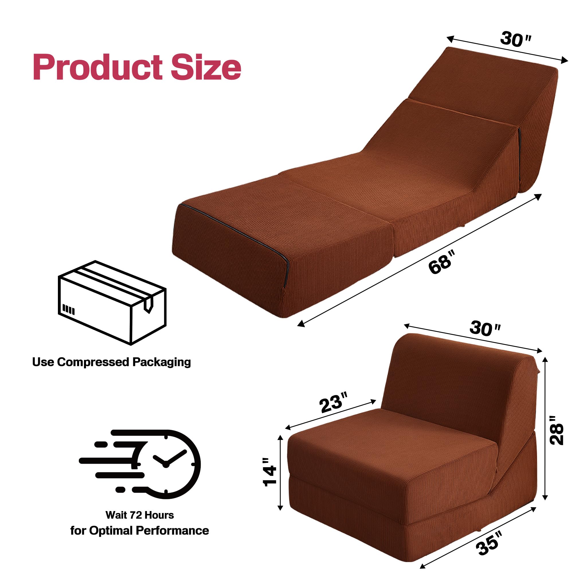 BIGSYY Convertible Fold Out Chair Bed - Memory Foam Sleeper Sofa with Corduroy Cover, Brown | Space-Saving Futon Couch for Living Room, Bedroom & Guest Room | Perfect for Small Apartments, Studio Living & Overnight Guests