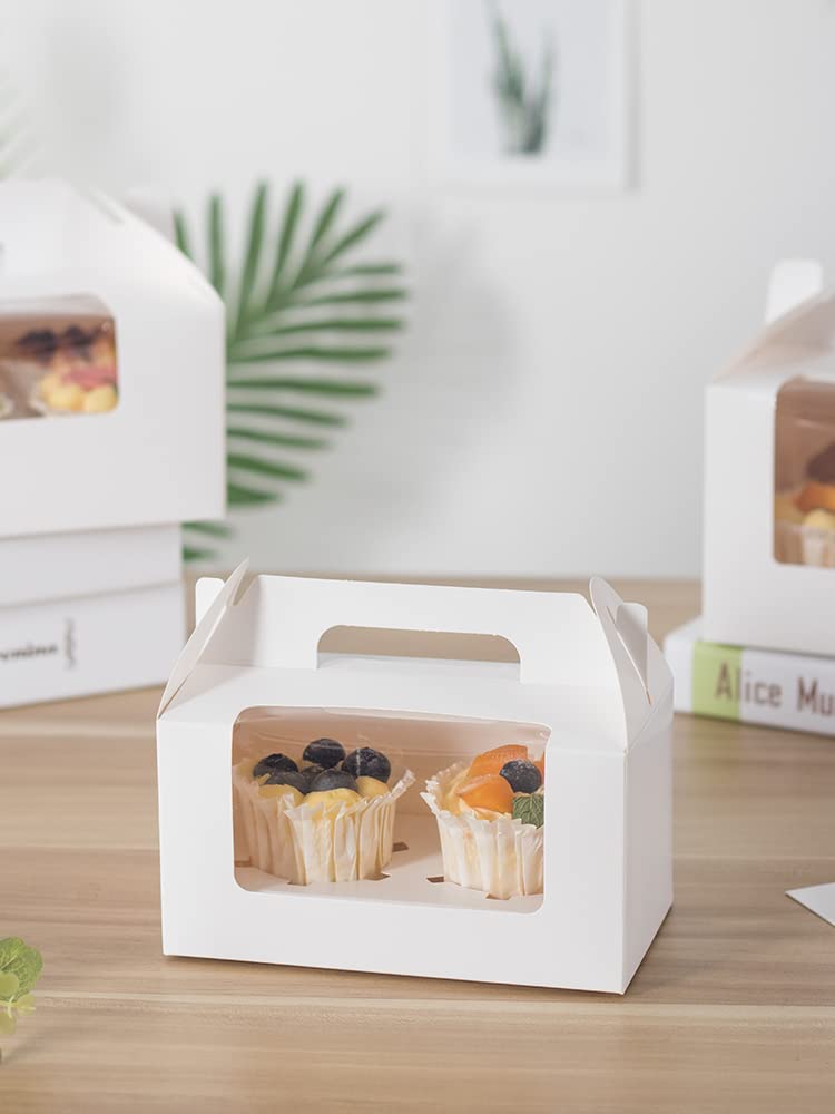 Jucoan 60 Pack White Cupcake Boxes with Insert, Handle & Window - 2 Holder Kraft Paper Bakery Containers for Cupcakes, Muffins, Pastries | Perfect for Birthday Parties, Weddings & Bakery Packaging