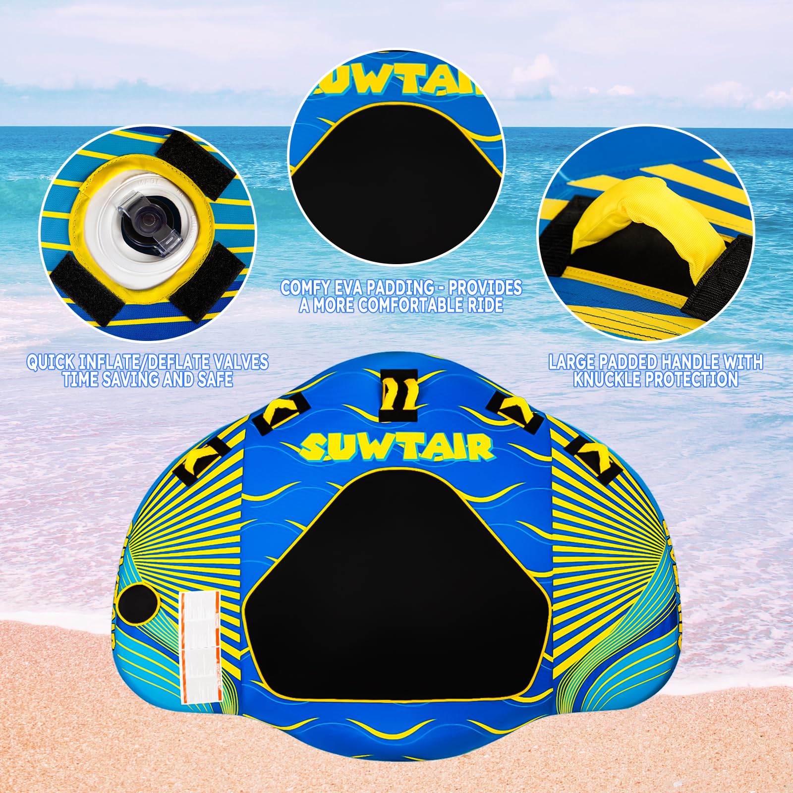 SUWTAIR Heavy-Duty Towable Tube for Boating - 3 Person Inflatable Sofa Tube with Thick Nylon Cover, Blue - Perfect for Water Sports, Lake Fun & Summer Beach Activities