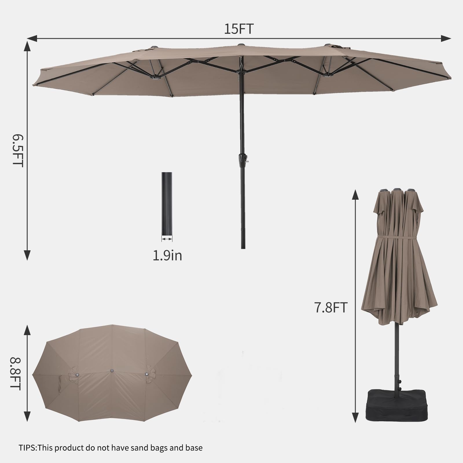 GARVEE 15FT Double-Sided Outdoor Patio Umbrella with Crank Handle - Extra Large Market Umbrella for Backyard, Deck, Pool - Heavy Duty 12-Rib Metal Frame & Air Vents - Khaki - Perfect for Outdoor Dining, Lounging, and Commercial Use