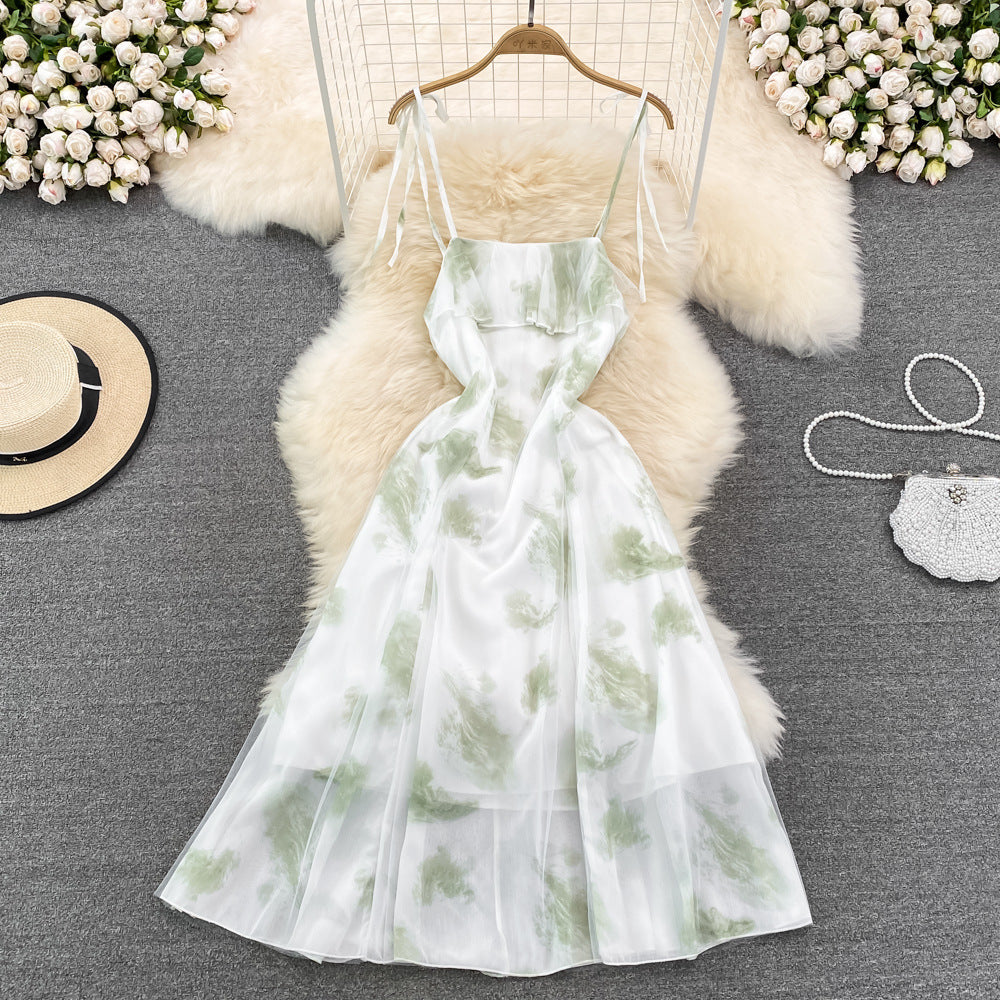 Elegant Sleeveless Backless Chiffon Dress with Thin Straps & Floral Print - Perfect for Summer Beach Parties, Weddings & Evening Events