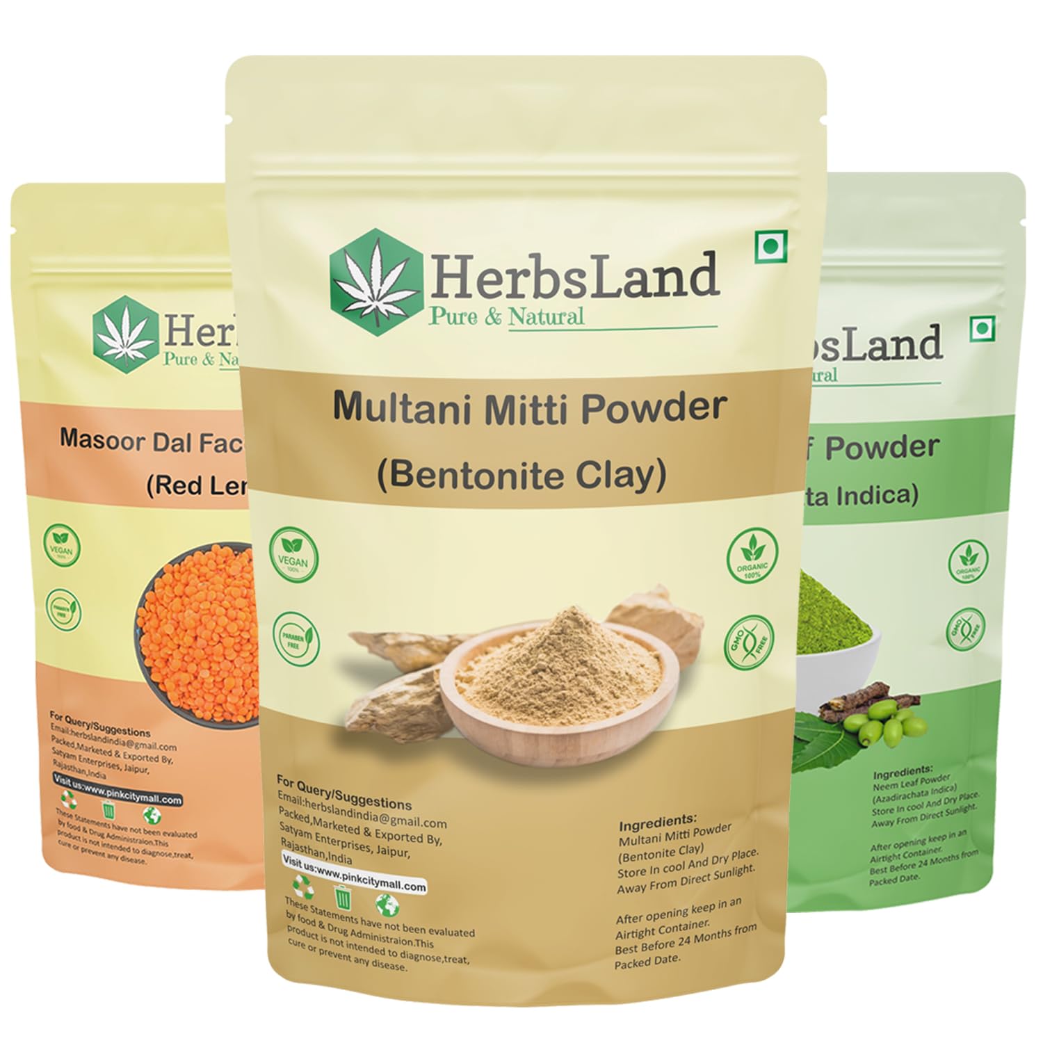 HerbsLand® 100% Pure Natural Masoor Dal Red Lentils Face Wash Powder with Multani Mitti & Neem Leaf Powder for Skin Care | Brightening Face Mask for Glowing Complexion | Anti-Tan & Pimple Treatment | 100g Each - Perfect for Daily Skincare Routine & Spa Treatments