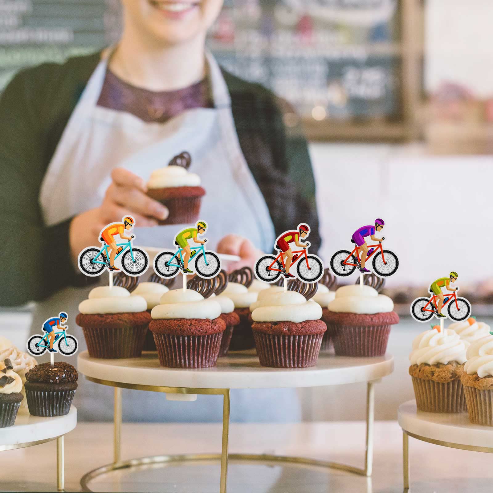 Bicycle Happy Birthday Cupcake Toppers - 18Pcs Bike Theme Party Decorations for Kids & Adults - Rainbow Glitter Cycling Cupcake Decor - Perfect for Bicycle Racing Birthday Parties, Cycling Events & Themed Celebrations