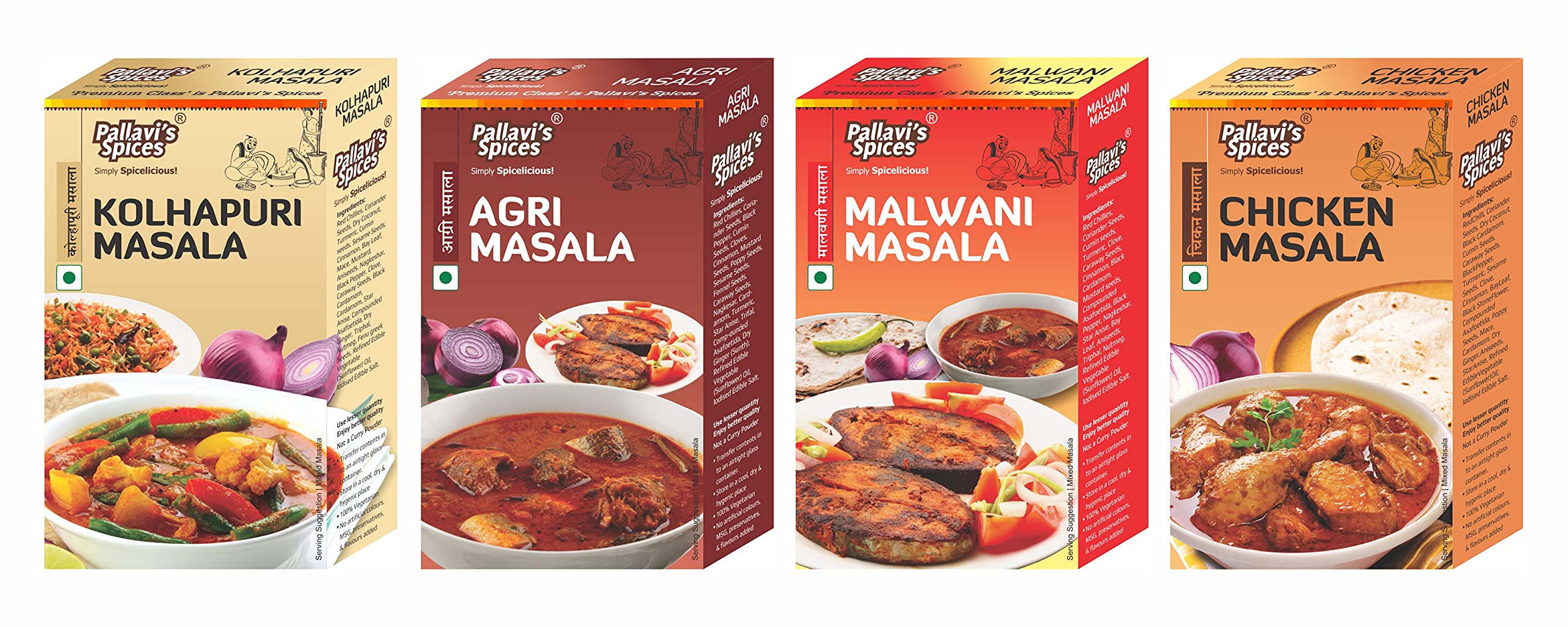 Authentic Kolhapuri Masala, Agri Masala, Malwani Masala & Chicken Masala - 4 Spice Blend Pack (200g Each) | Premium Indian Spices for Curry, Biryani & Meat Marination | Perfect for Home Cooking & Restaurant Use