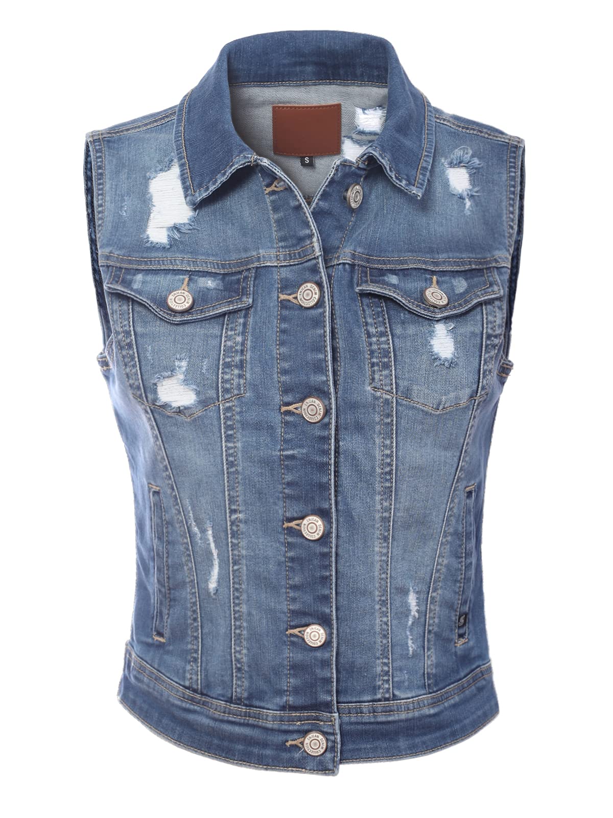 Design by Olivia Women's Classic Sleeveless Distressed Denim Vest - Stone Wash Light Blue Jacket for Casual Outfits & Summer Layering