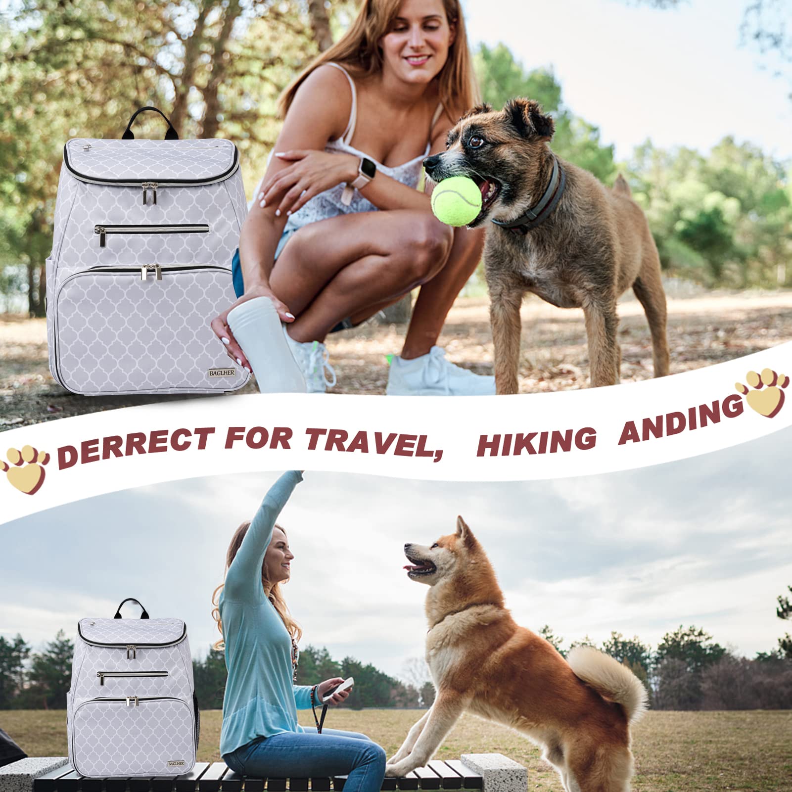 BAGLHER Airline Approved Pet Travel Backpack for Dogs - Waterproof Dog Carrier with 2 Collapsible Bowls & Food Containers - Perfect for Air Travel, Hiking, and Outdoor Adventures (DL White)