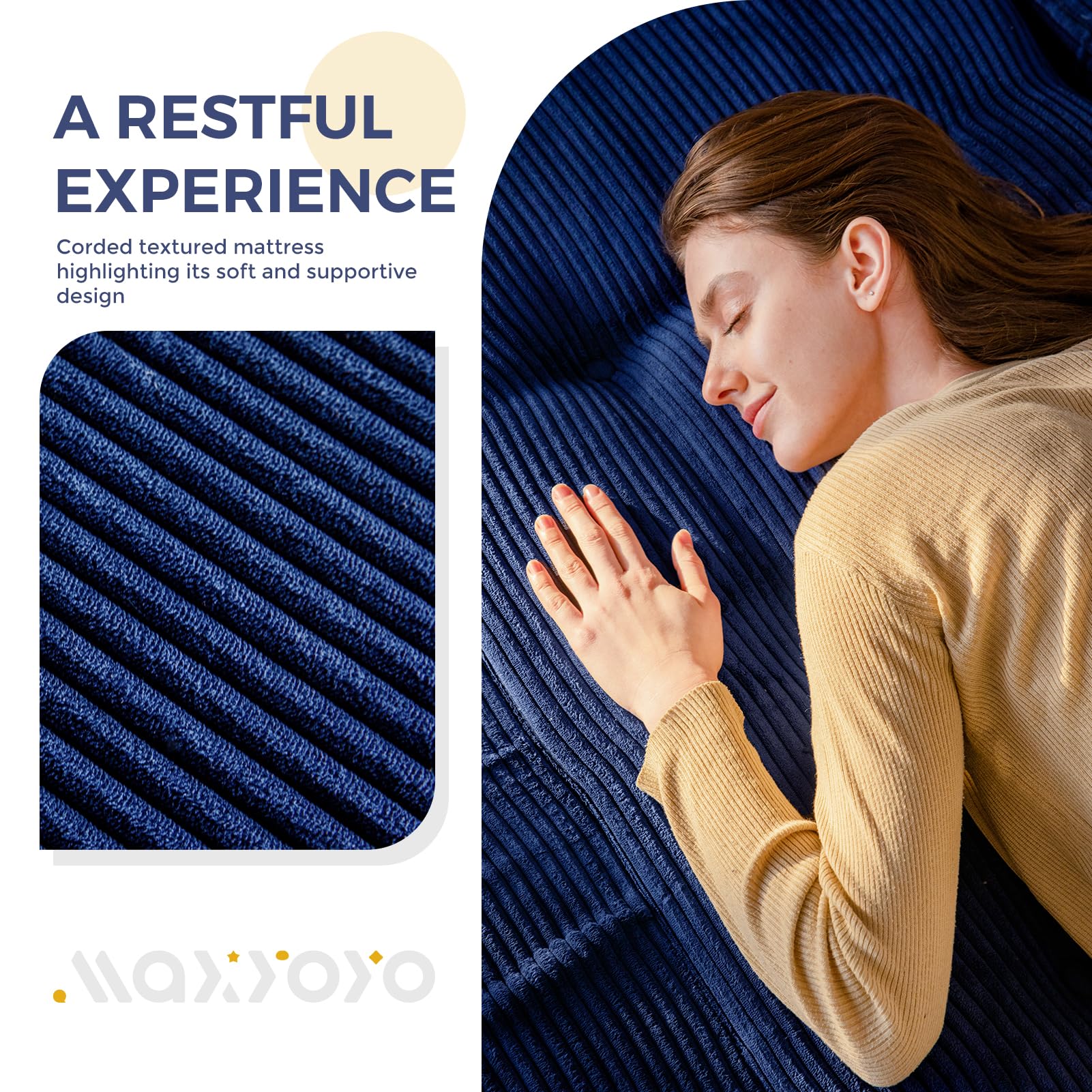 MAXYOYO 6 Inch Tri Fold Mattress - Tufted Full Foam Folding Bed with Corded Fabric in Navy Blue | Perfect for Guest Rooms, Camping & Small Spaces