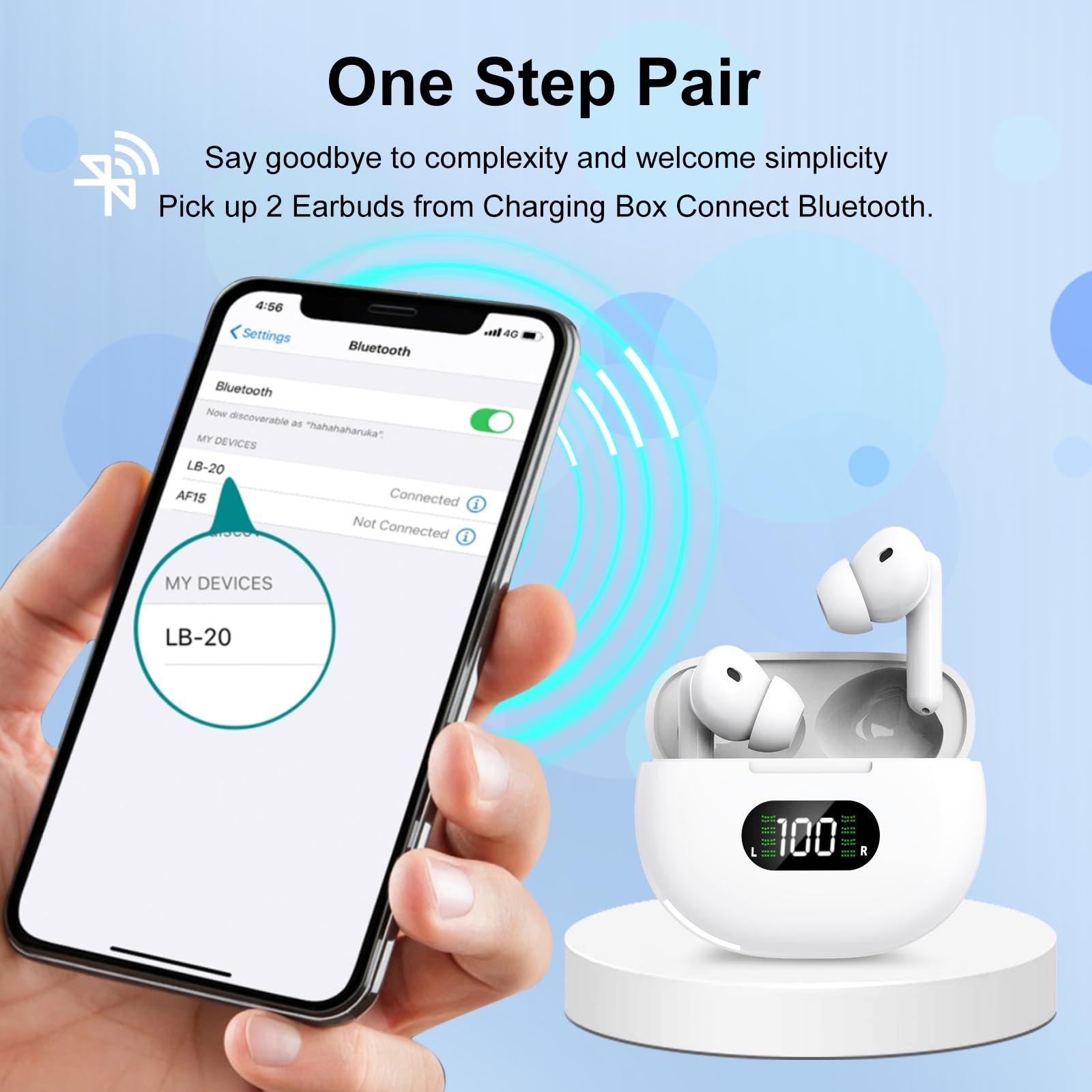 Wireless Bluetooth Earbuds with 45H Playtime & LED Power Display - IPX7 Waterproof, Active Noise Cancelling, Fast Charge for Gym, Running, Travel & Work
