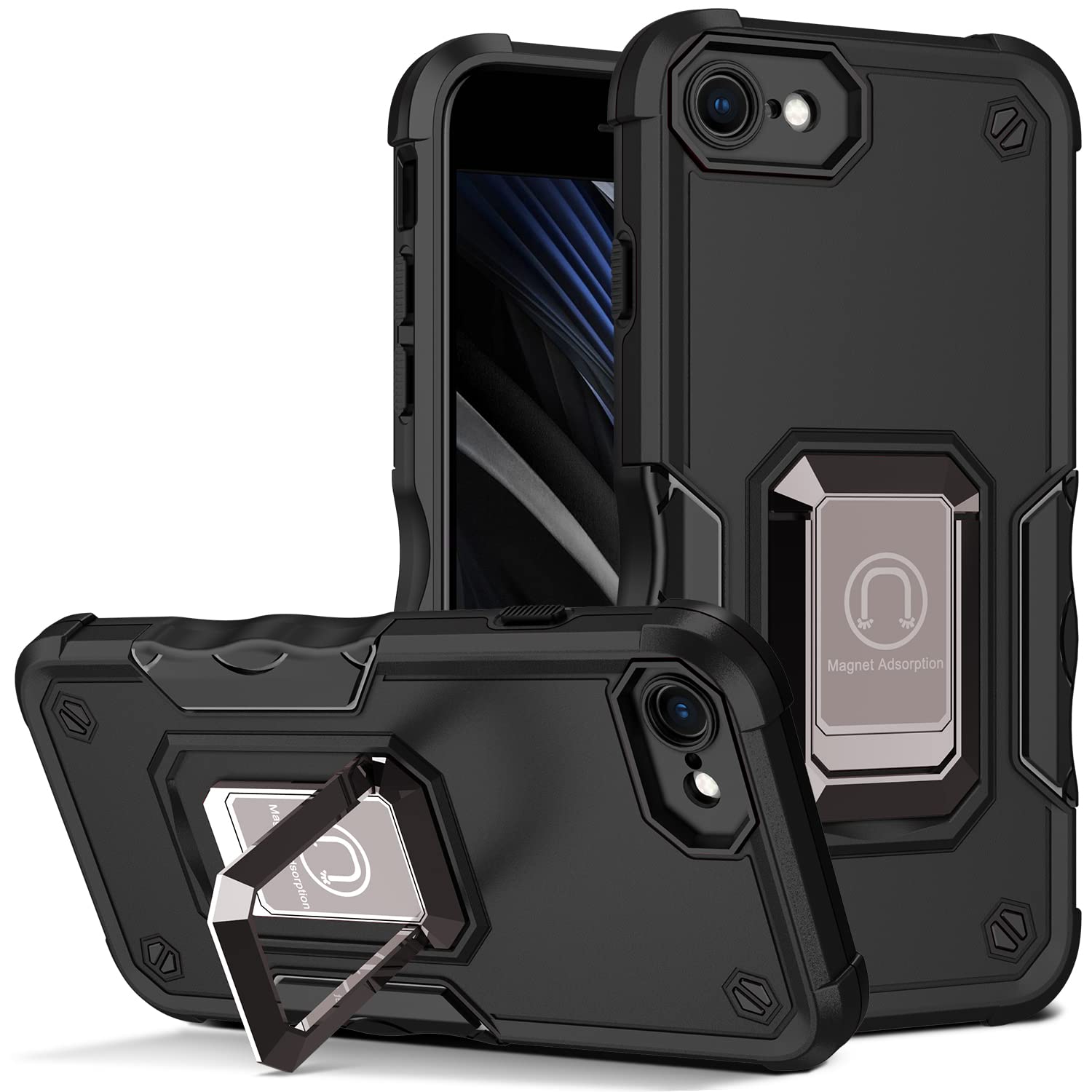 Ezavan Magnetic Kickstand Case for iPhone SE 2022/2020 & iPhone 8/7 (4.7 inch) - Military Grade Protective Cover with Camera Protection & Built-in Ring Stand (Black) - Perfect for Work, Travel & Outdoor Activities