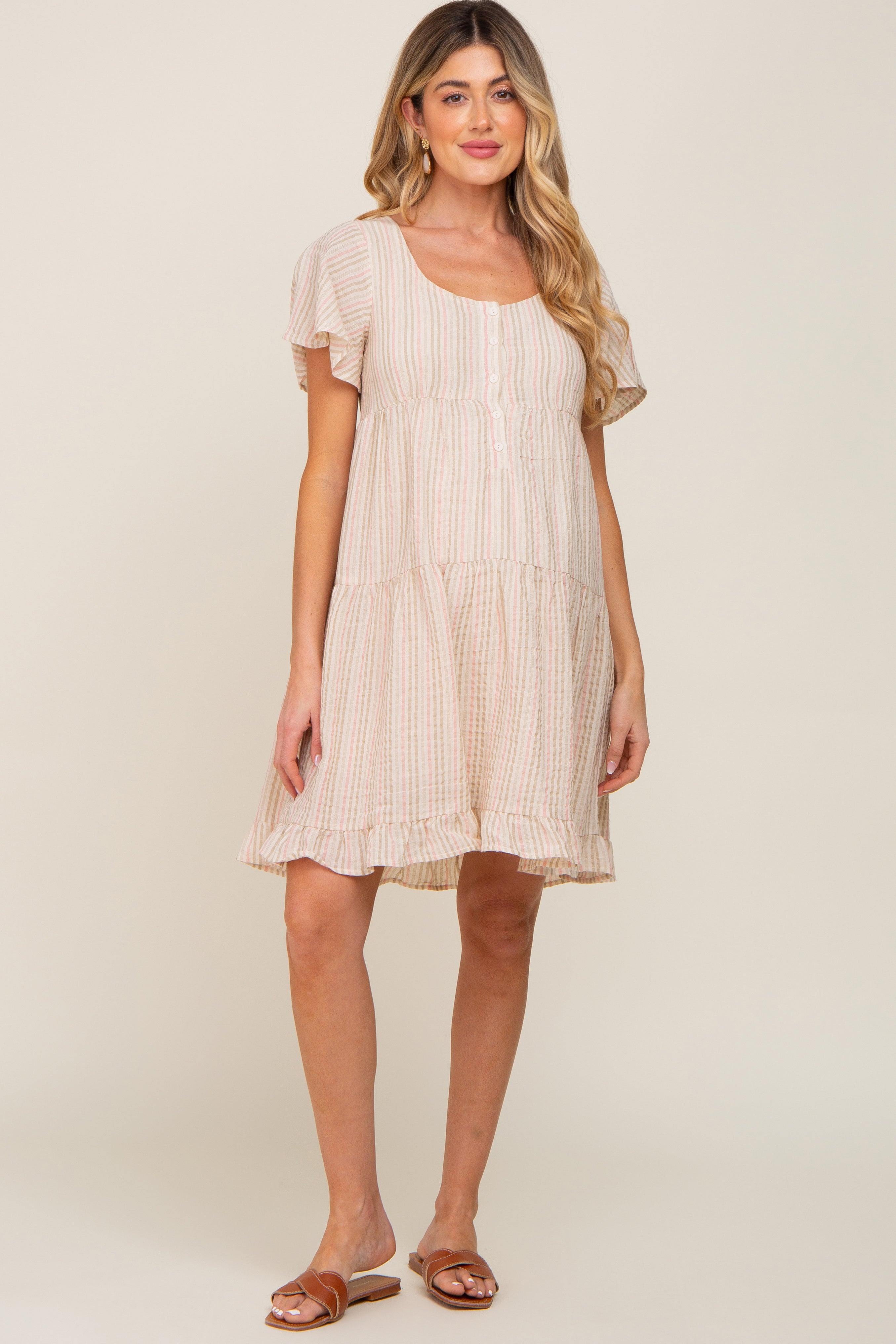 Beige Striped Linen Maternity Dress with Tiered Skirt & Lace-Up Back - Perfect for Pregnancy Photos, Baby Showers & Summer Maternity Wear