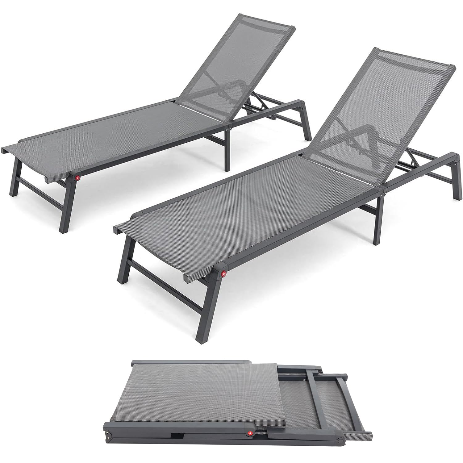 Premium Aluminum Foldable Chaise Lounge Chair - 2-Pack Adjustable Patio Poolside Beach Chair, No Assembly Required, 5-Position Recliner for Outdoor Relaxation in Backyard, Garden, or Seaside (Grey)
