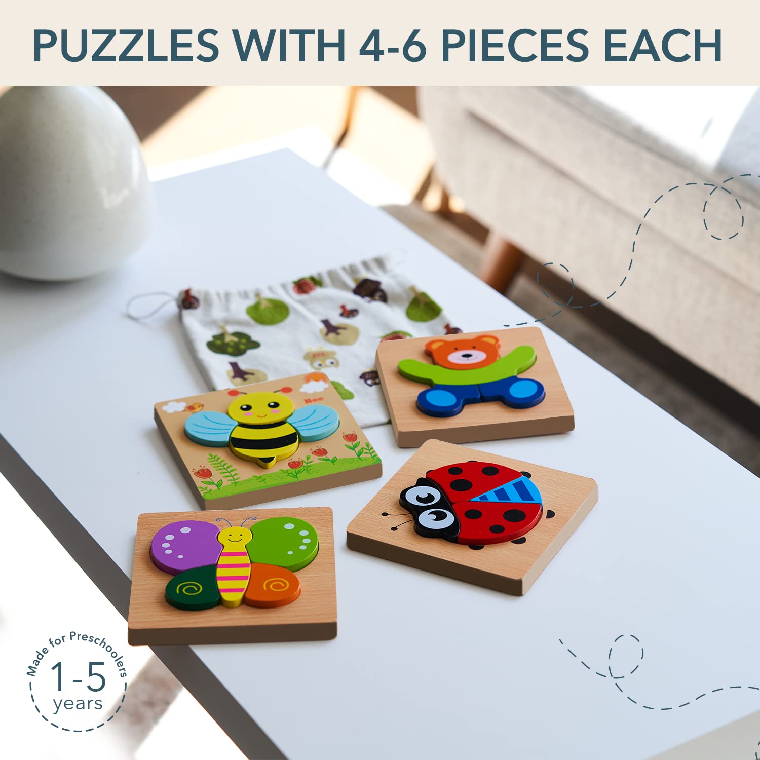 Magifire Wooden Puzzles for Toddlers 1-3 Years - Set of 4 Montessori Learning Toys with Chunky Pieces (Butterfly, Bee, Ladybug, Bear) - Perfect for Early Childhood Development & Travel-Friendly with Storage Bag