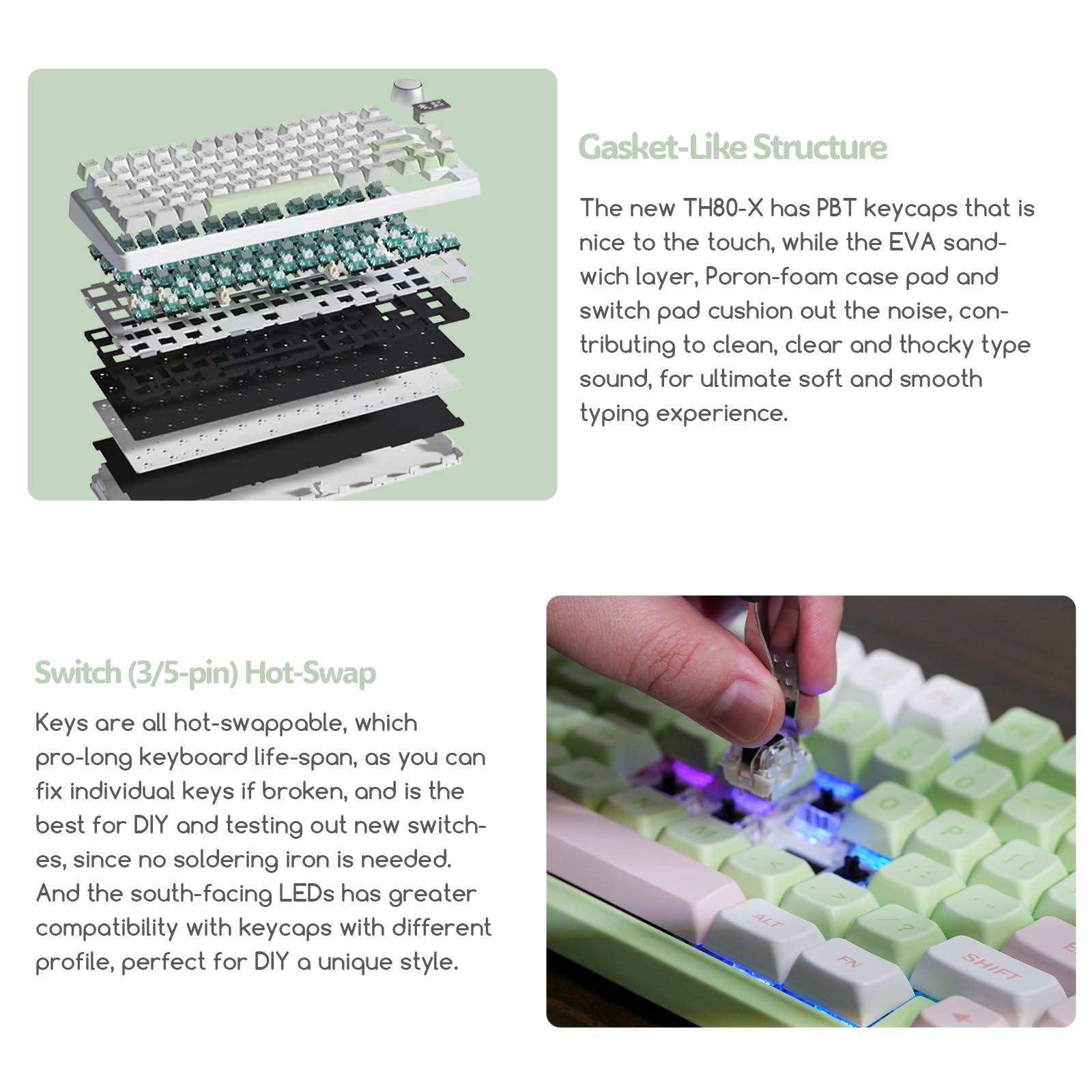 EPOMAKER TH80-X 75% Hot-Swap Mechanical Keyboard - RGB, LCD, 4000mAh for Gaming & Office (Green/Wisteria Switch)