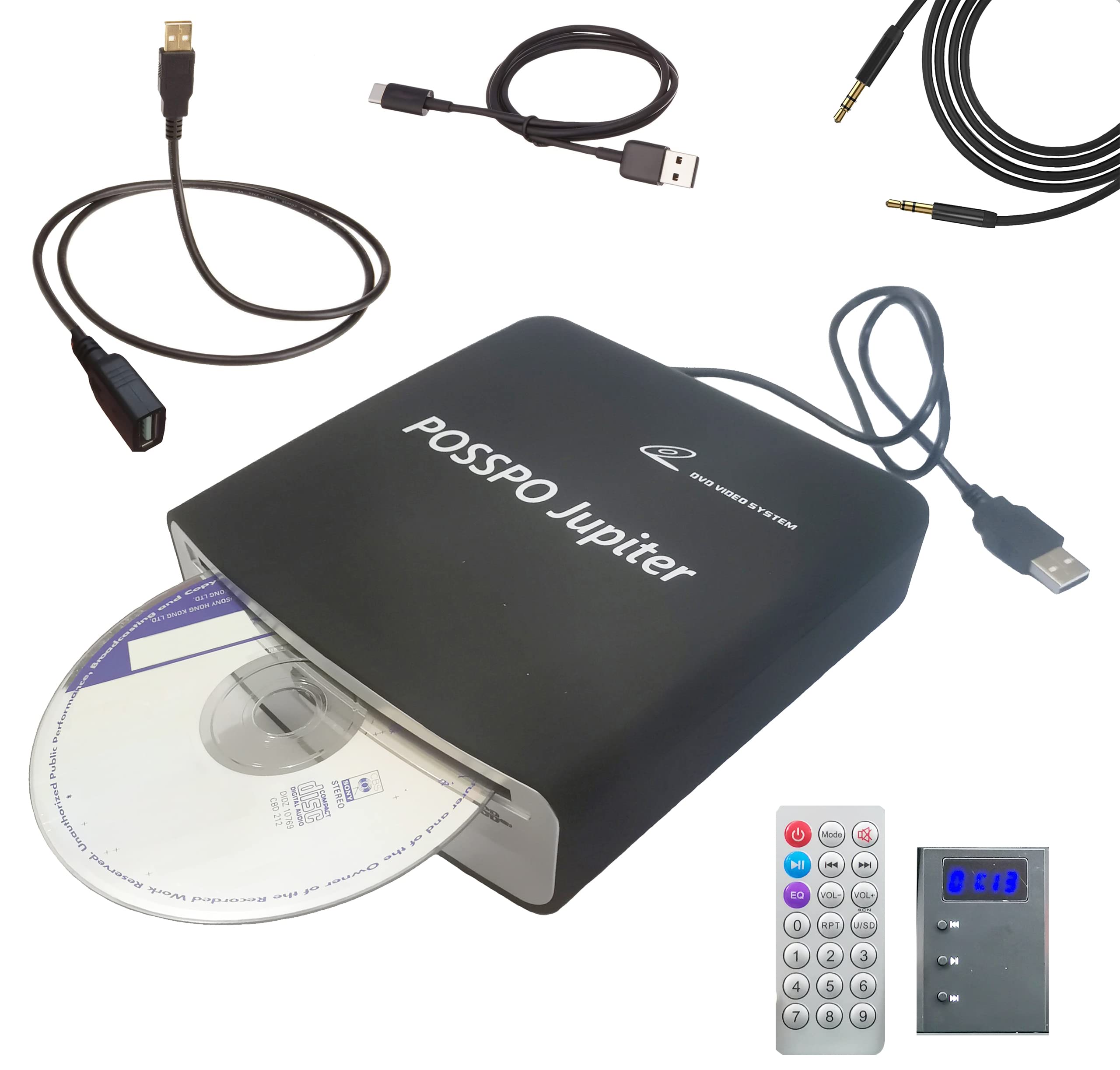 Portable CD DVD Player for Car with USB & AUX Port - External Disc Drive Compatible with Laptop, Desktop, TV & Computer - Plug & Play with Extra USB Extension Cable - Perfect for Road Trips, Home Entertainment & Office Use