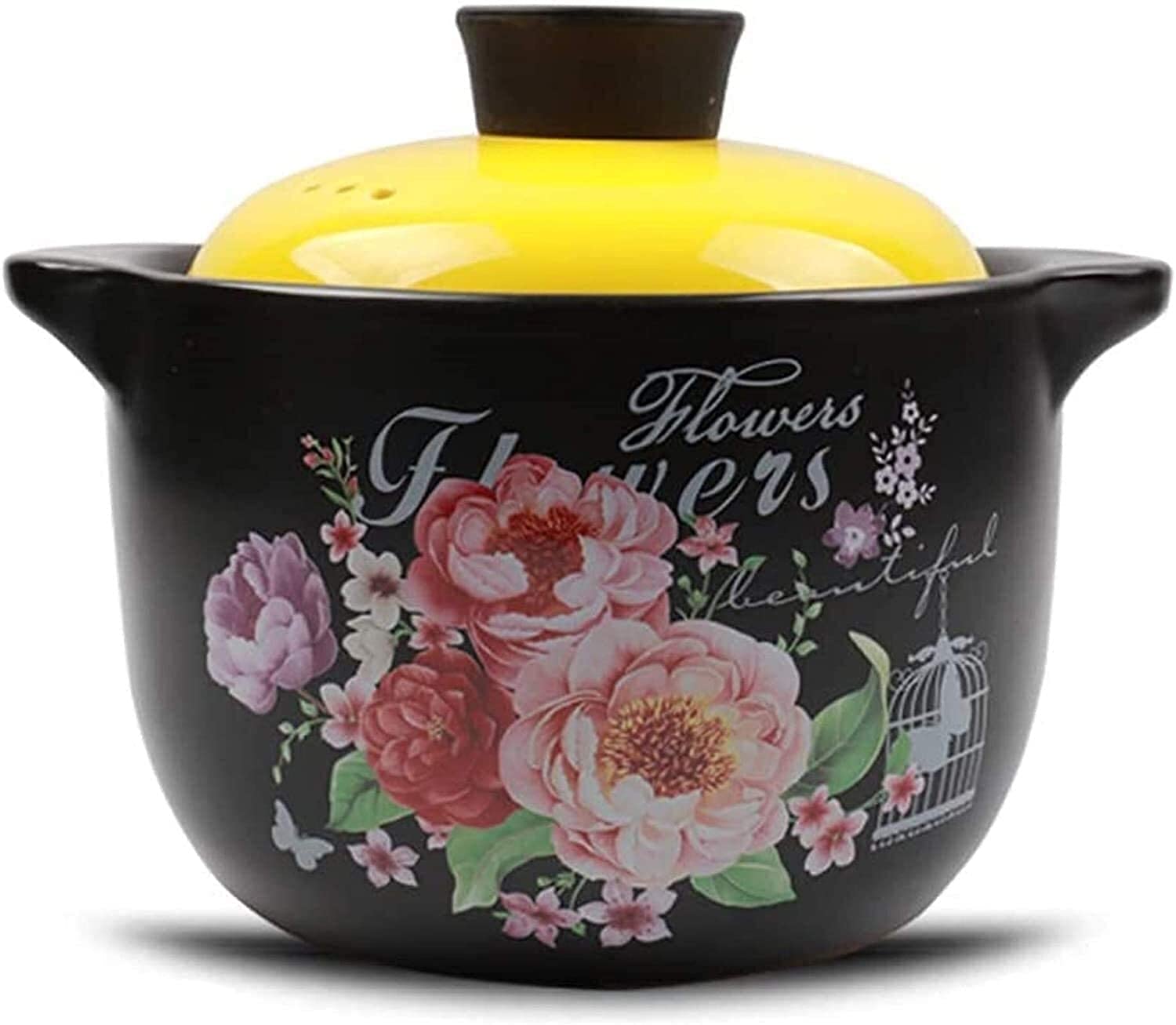 GXBCS 4.8L Yellow Ceramic Casserole Dish with Lid - Flower Pattern Earthen Pot for Soup, Bibimbap & Stews | Oven & Stovetop Safe Cookware for Home Cooking & Serving