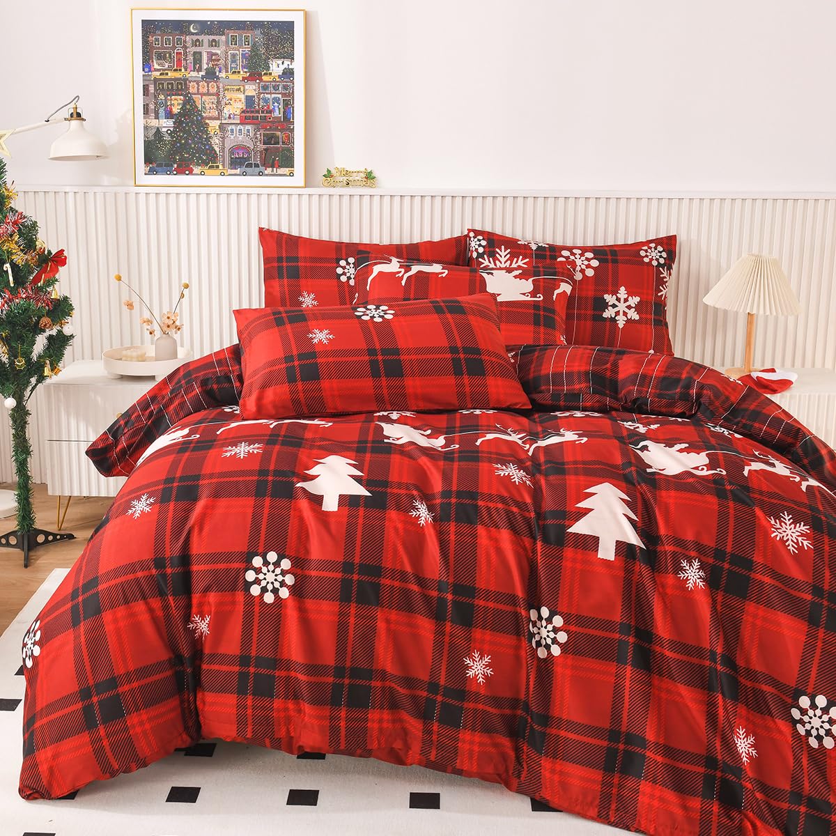 Christmas Duvet Cover Set Twin Size - Holiday Tree Snowflake & Plaid Check Print Comforter Cover | Cozy Bedding for Winter, Xmas Decor & New Year Gifts