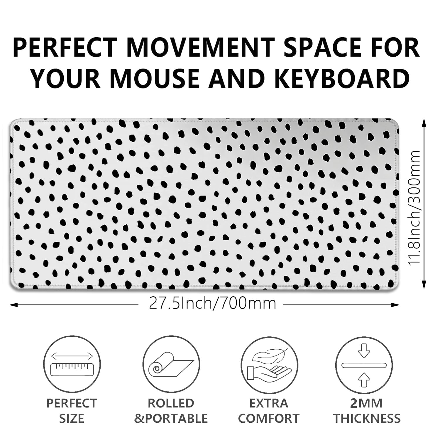 Boho Extended Desk Pad Mouse Pad - Large Polka Dot Non-Slip Rubber Base Mouse Mat with Stitched Edges (27.5x11.8 Inch) for Office, Computer, Keyboard & Laptop - Perfect for Home Workspace & Gaming Setup