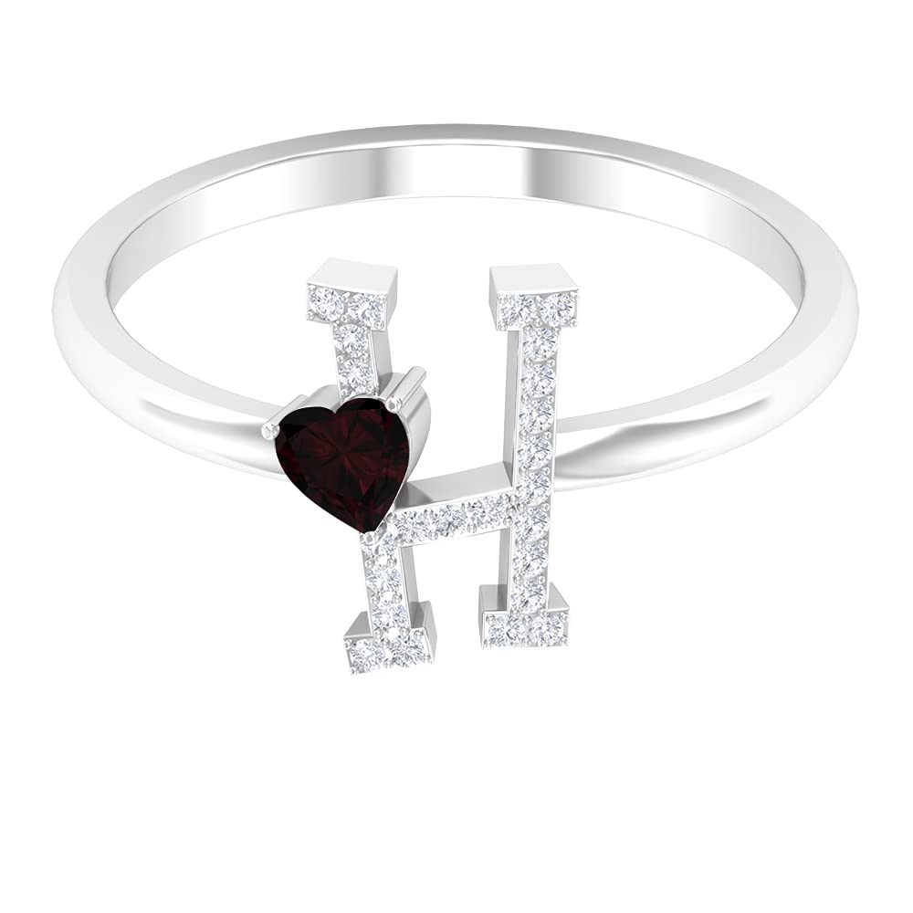 Garnet & Diamond Initial Rings A-Z | 14K White Gold Alphabet Rings for Women | Elegant Diamond & Garnet Heart Letter Rings | Perfect for Birthdays, Anniversaries & Personalized Gifts