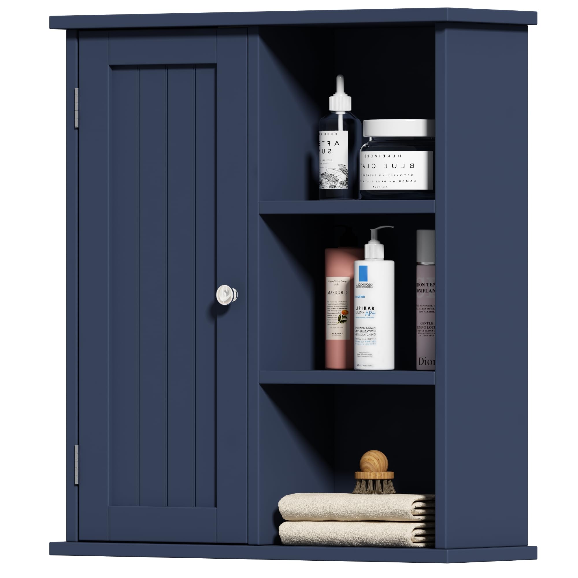 Treocho Wall Mounted Bathroom Medicine Cabinet with Door & 3 Open Shelves - Bathroom Storage Organizer for Toiletries, Kitchen Spices & Living Room Decor (Blue) - Perfect for Small Space Organization & Home Décor