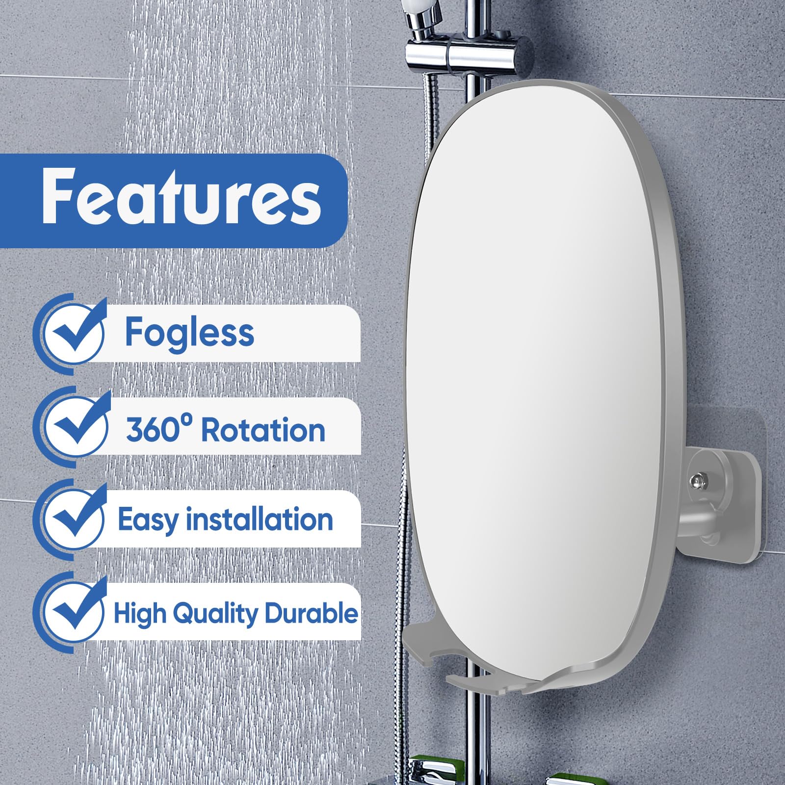 Fogless Shower Mirror for Shaving - 360° Rotation, No-Drilling Adhesive Mount, Shatterproof & Waterproof Bathroom Mirror with Razor Holders - Perfect for Close Shaves & Grooming in Steamy Showers (Grey)