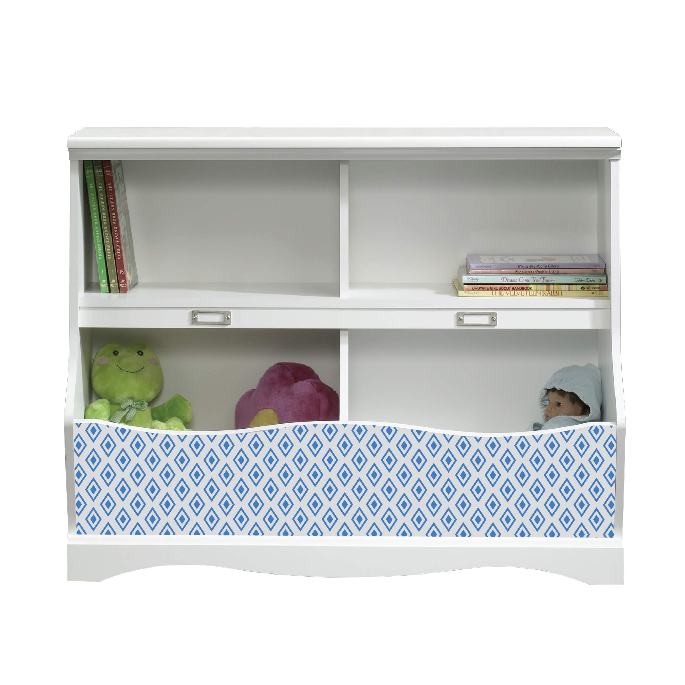 LifeSong Milestones Bookcase Footboard with Cubbyhole - Kids Book Storage Organizer & Toy Shelf for Nursery, Playroom, Bedroom - Soft White Finish Diamond (Blue-Grey) - Perfect for Organizing Books, Toys & Decor in Children's Rooms