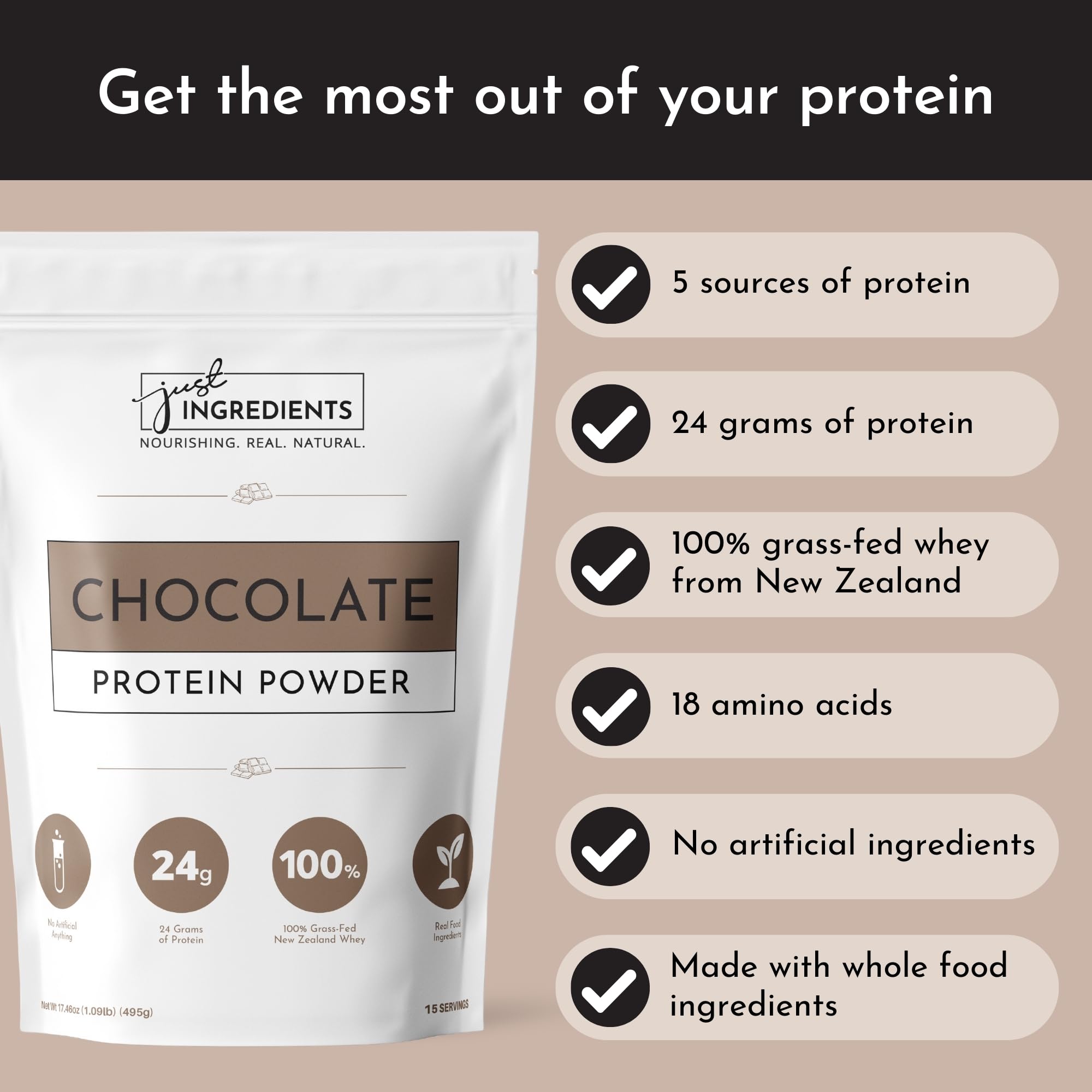 JUST INGREDIENTS Organic Whey Protein Powder - 24g Grass-Fed Protein per Serving, Chocolate Flavor (15 Servings) | Non-Denatured, 5 Whole Food Sources | Perfect for Post-Workout Recovery & Muscle Building