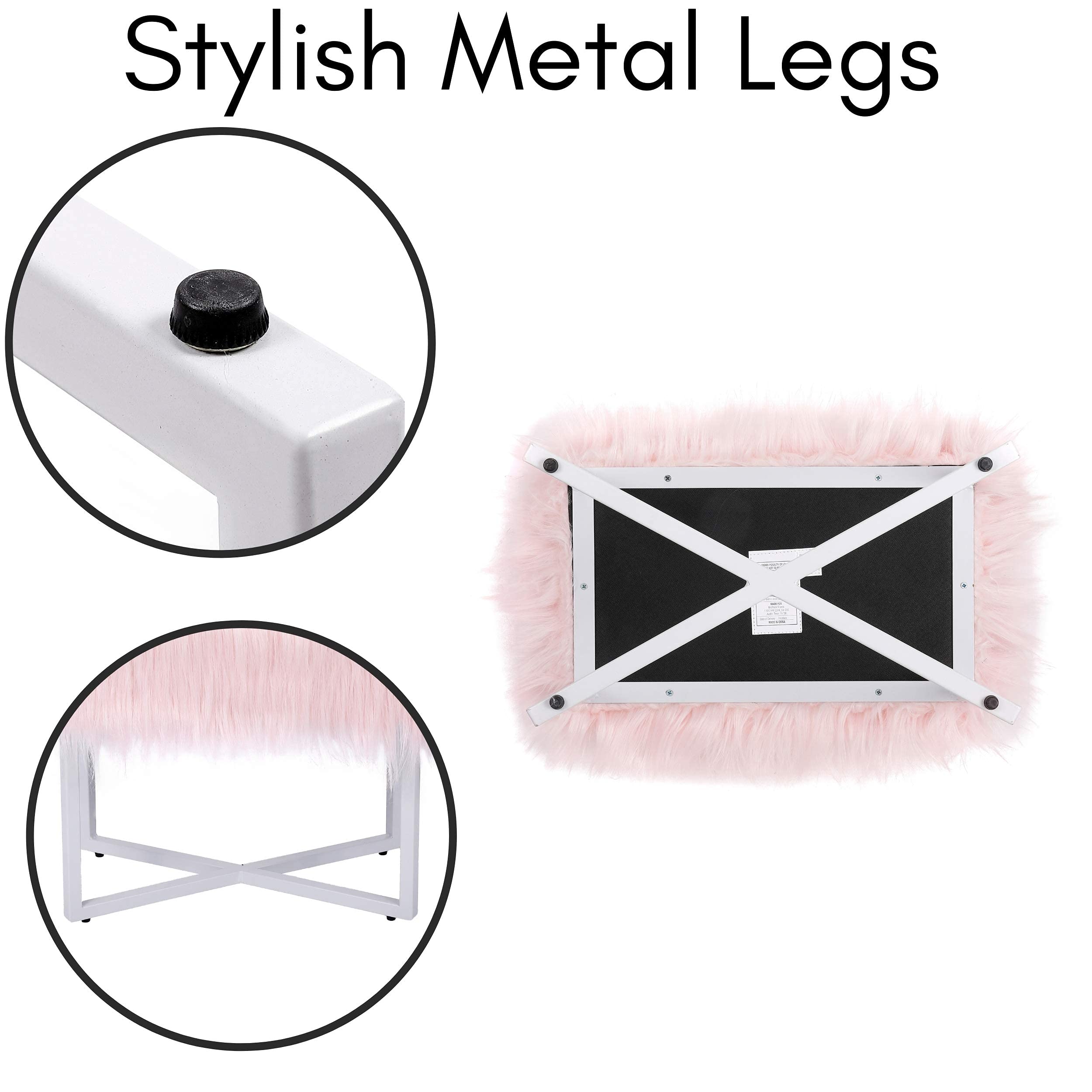 BIRDROCK HOME Small Pink Rectangular Faux Fur Vanity Stool Ottoman with White Metal Legs - Fluffy Makeup Seat & Cute Footrest - Perfect for Bedroom, Dressing Table, Girls Dorm or Office Desk - Compact Chair for Home Decor & Vanity Area