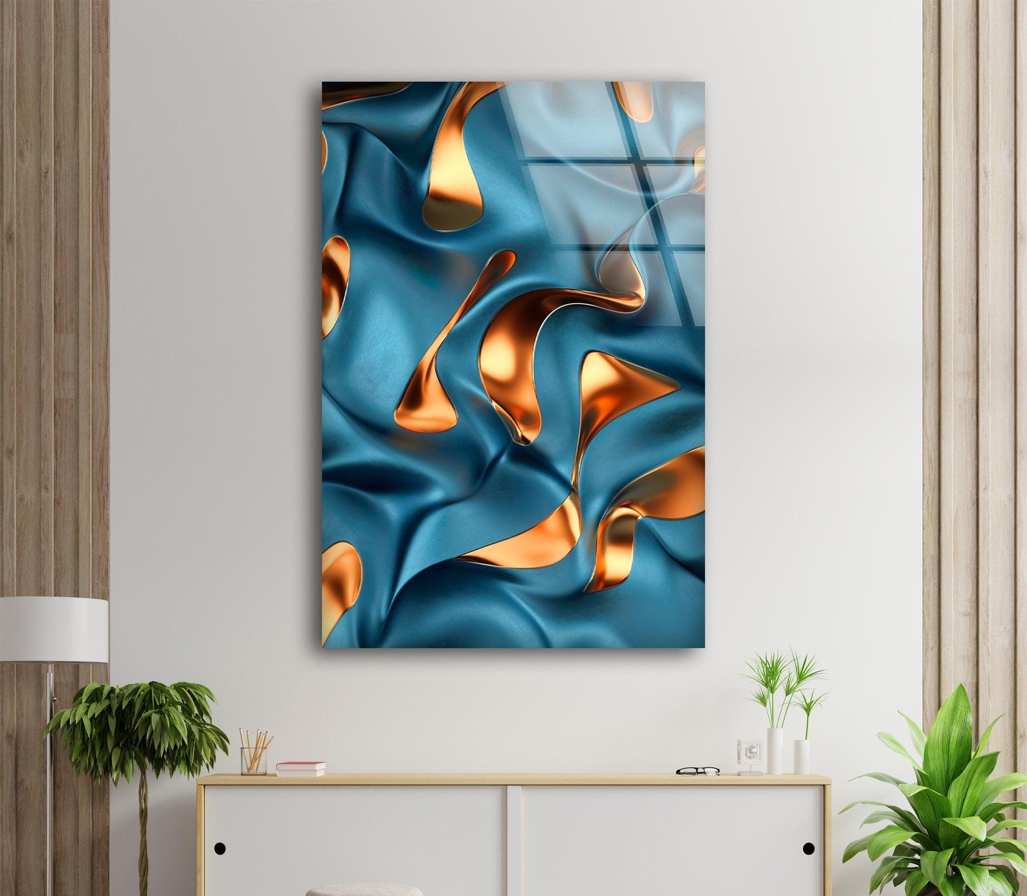 Abstract Bronze Blue Glass Wall Art - Modern Home Decor for Living Room, Bedroom & Office - Elegant Handmade Glass Panel for Stylish Interior Design