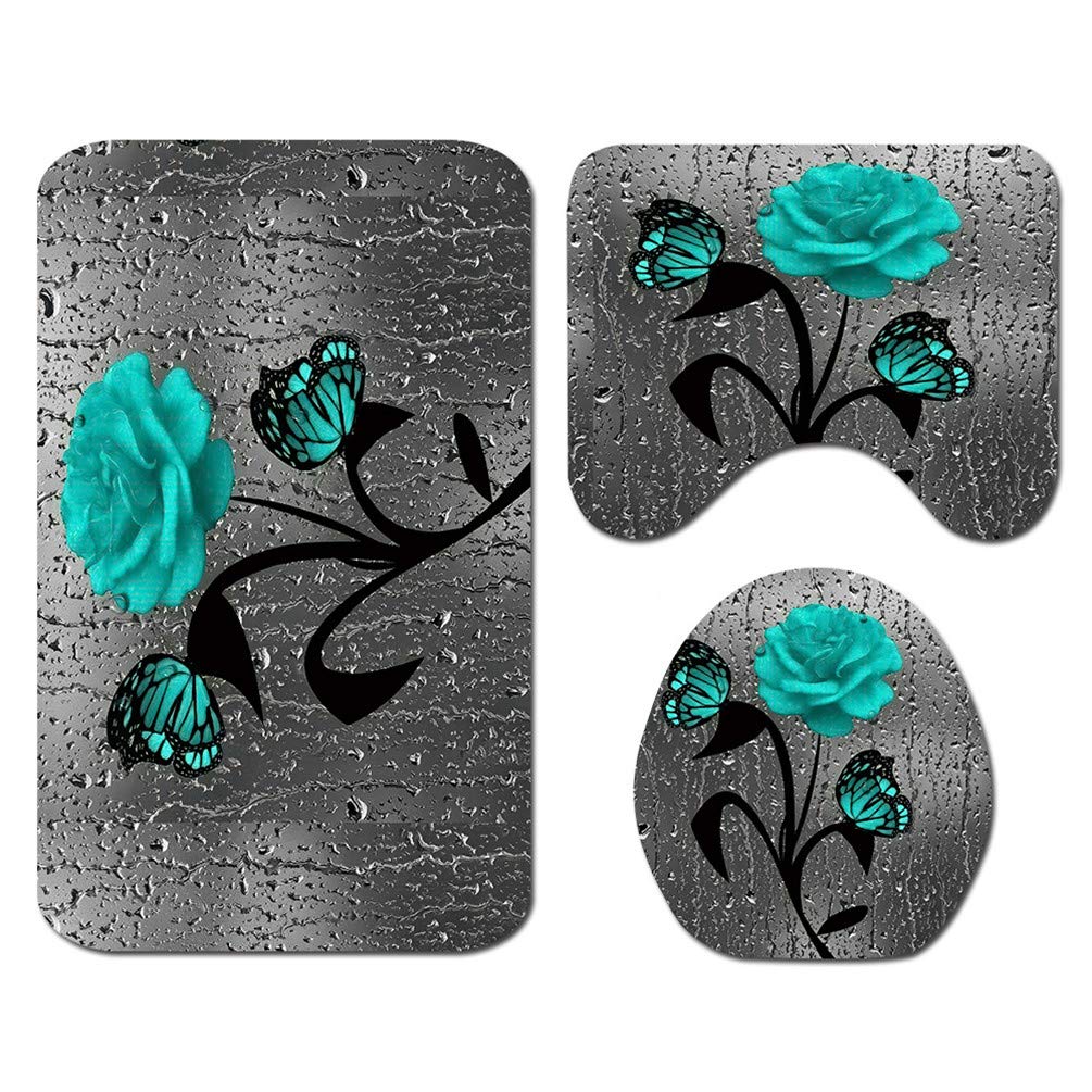 Teal Rose Shower Curtain Set with Butterfly Design - Includes Non-Slip Bath Rug, Toilet Lid Cover & Bath Mat | Waterproof Raindrop Pattern with 12 Hooks | Perfect for Modern Bathroom Decor & Spa-Like Shower Experience