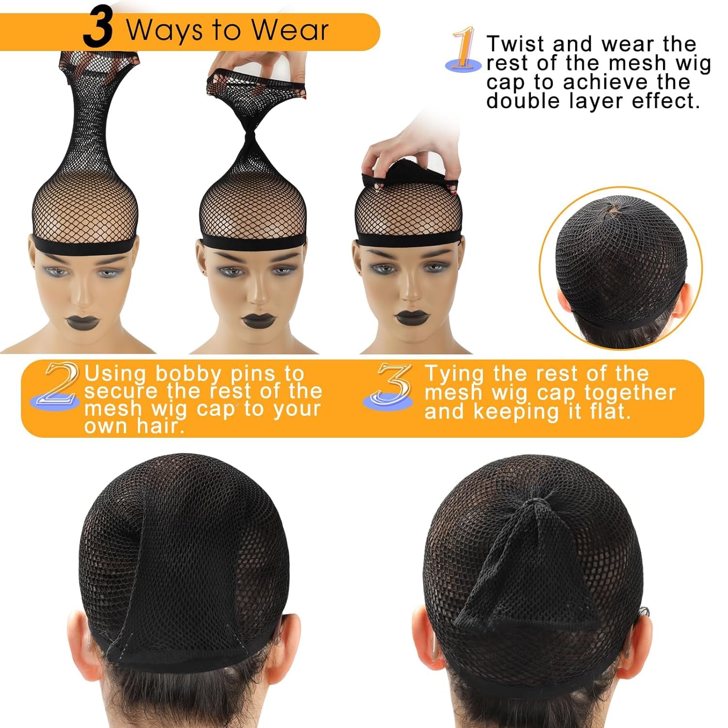 BAERFIT Women's Breathable Mesh Wig Cap for Long Hair - 2 Pack Black Fishnet Snood Hair Net for Weaving & Styling - Perfect for Wig Making, Cosplay, and Daily Hair Protection