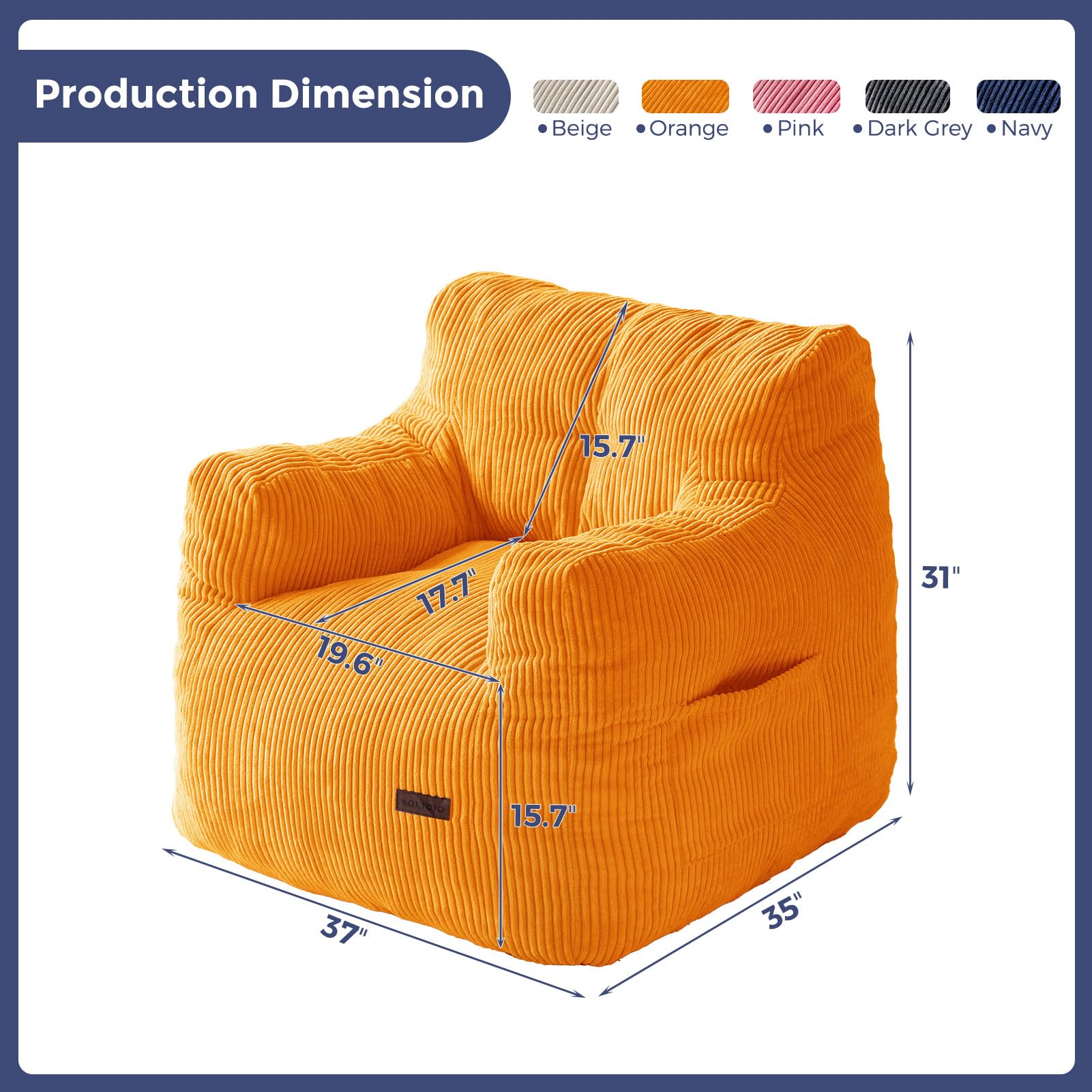 MAXYOYO Tufted Corduroy Bean Bag Chair with Filler - Oversized Lazy Couch for Adults & Teens, Comfortable Orange Lounge Chair for Living Room, Bedroom & Game Room Relaxation