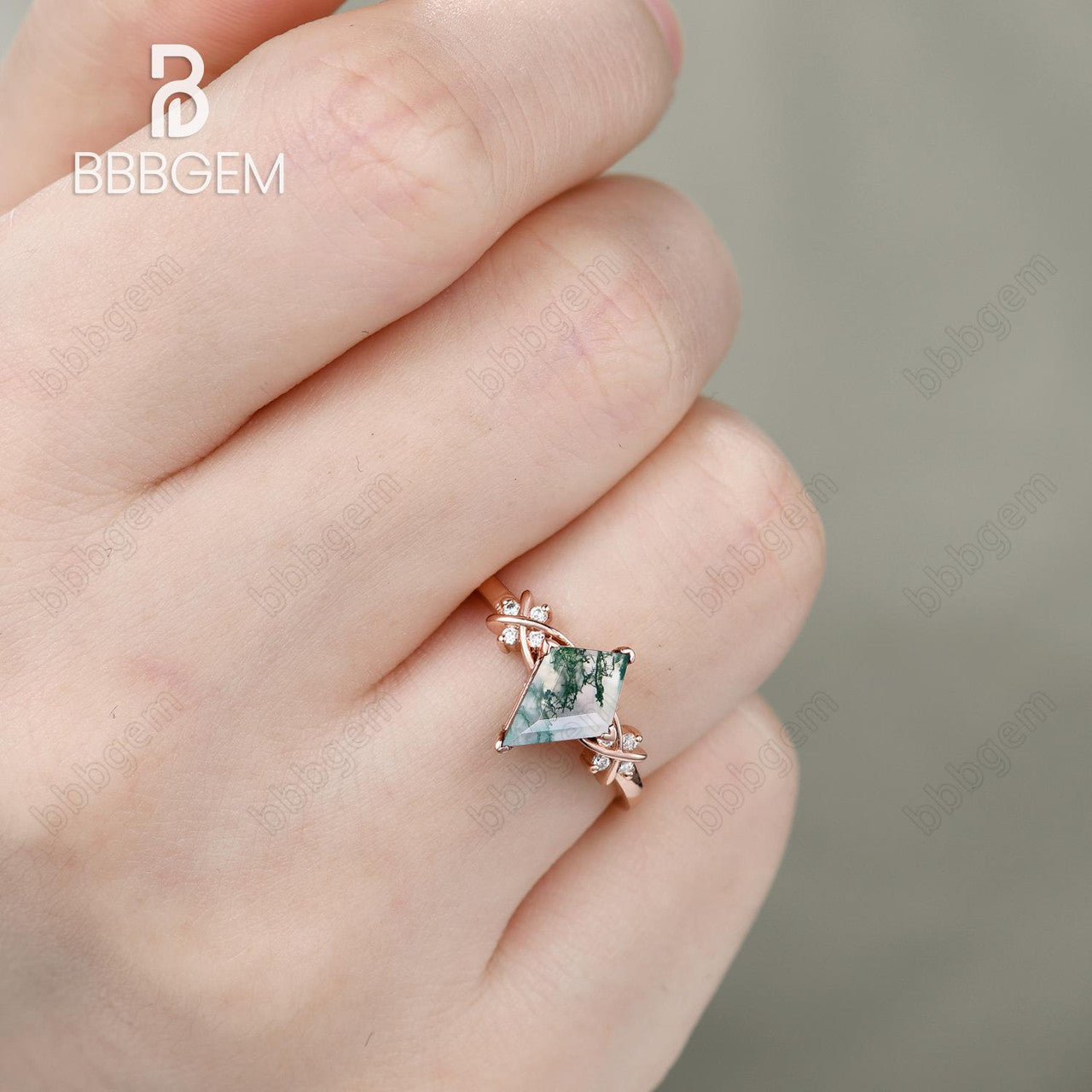 14K Rose Gold Kite Cut Moss Agate Diamond Engagement Ring - Geometric V-Prong Promise Jewelry for Women | Perfect for Proposals, Anniversaries & Special Occasions