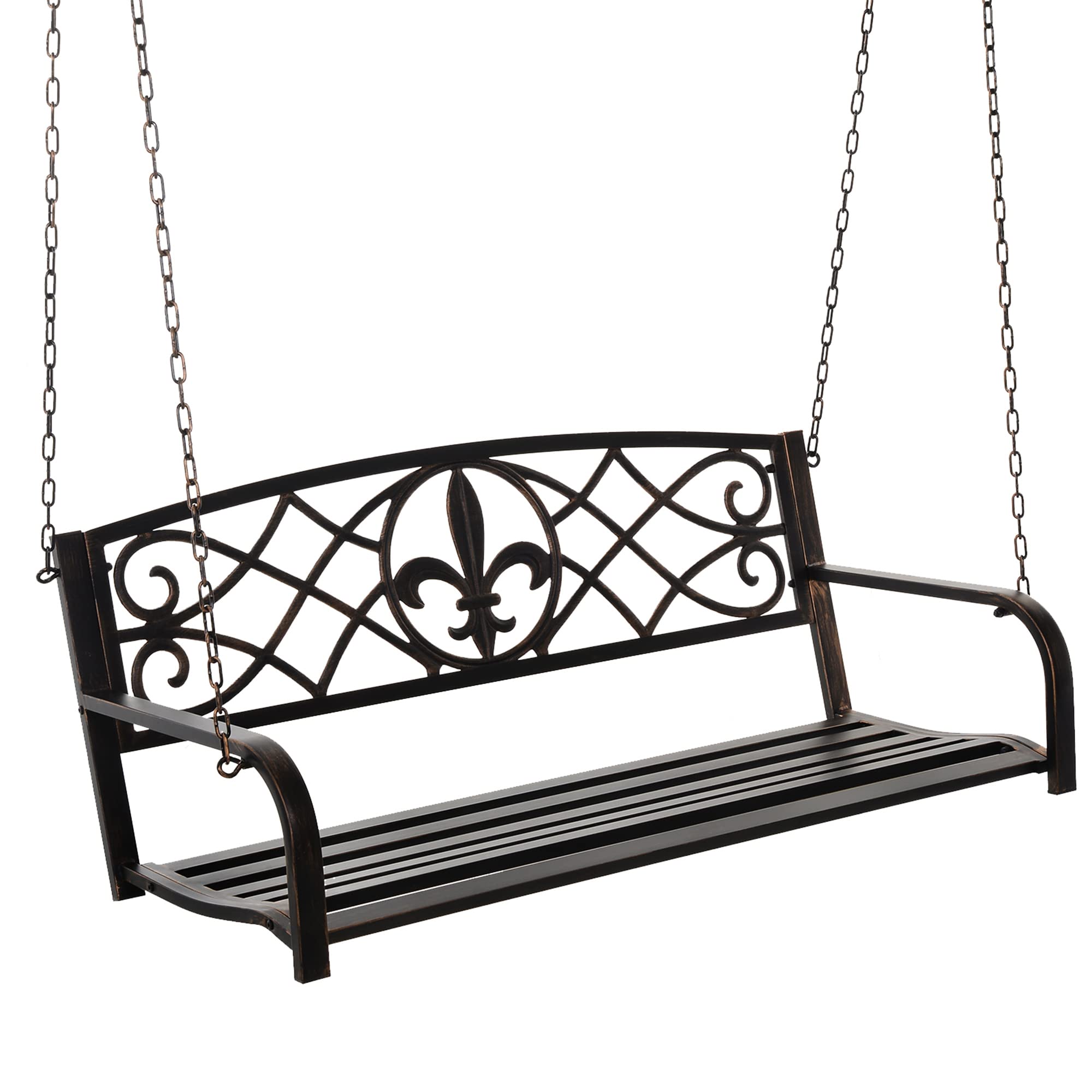 Outsunny 2-Person Steel Hanging Porch Swing with Fleur-de-Lis Design - 528 lbs Weight Capacity, Bronze Patio Swing Bench for Outdoor Garden, Deck & Backyard Relaxation