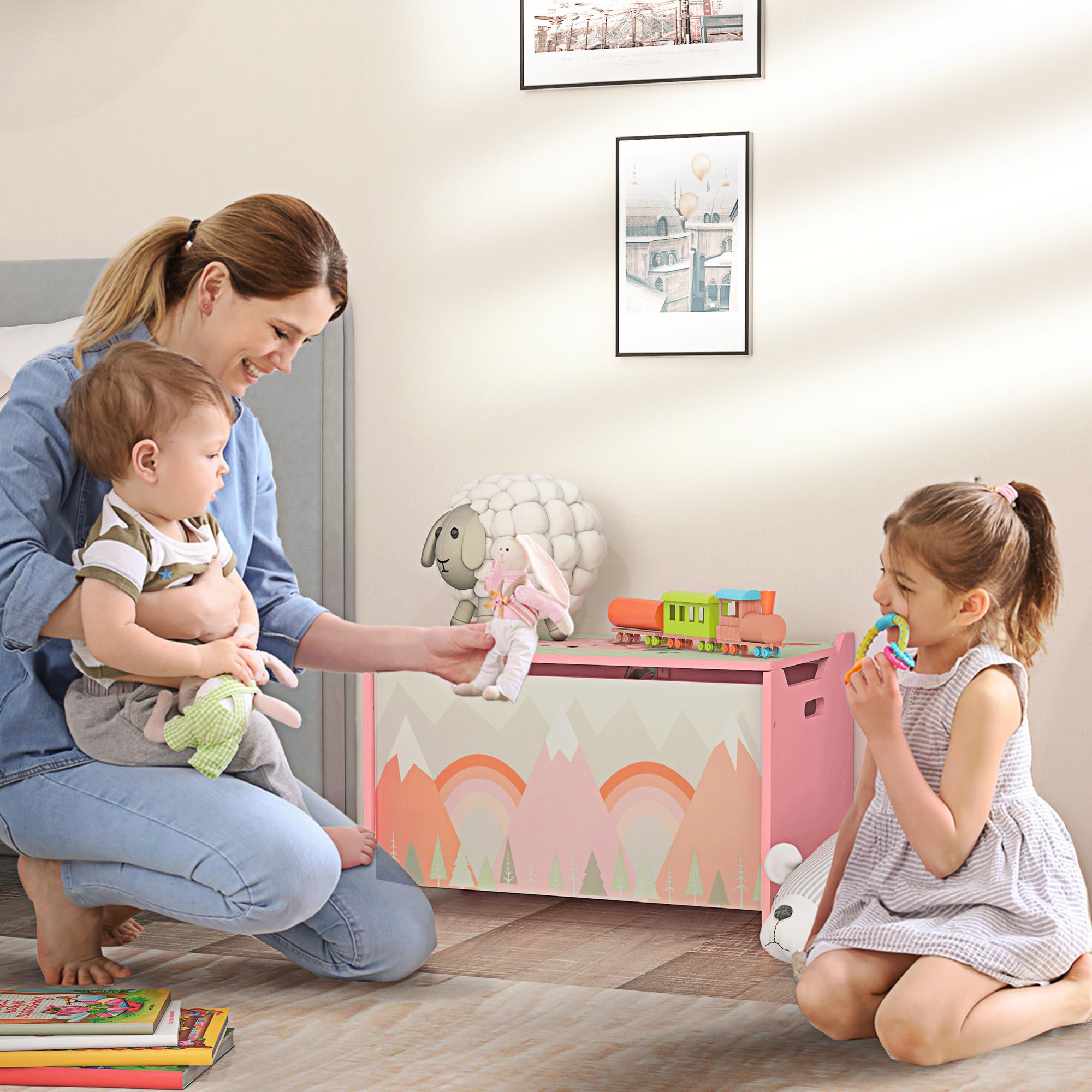 Qaba Pink Toy Box with Lid - Kids Toy Storage Organizer for Bedroom & Playroom - Safety Hinge Toy Chest for Girls & Boys - Perfect for Storing Stuffed Animals, Books & Toys