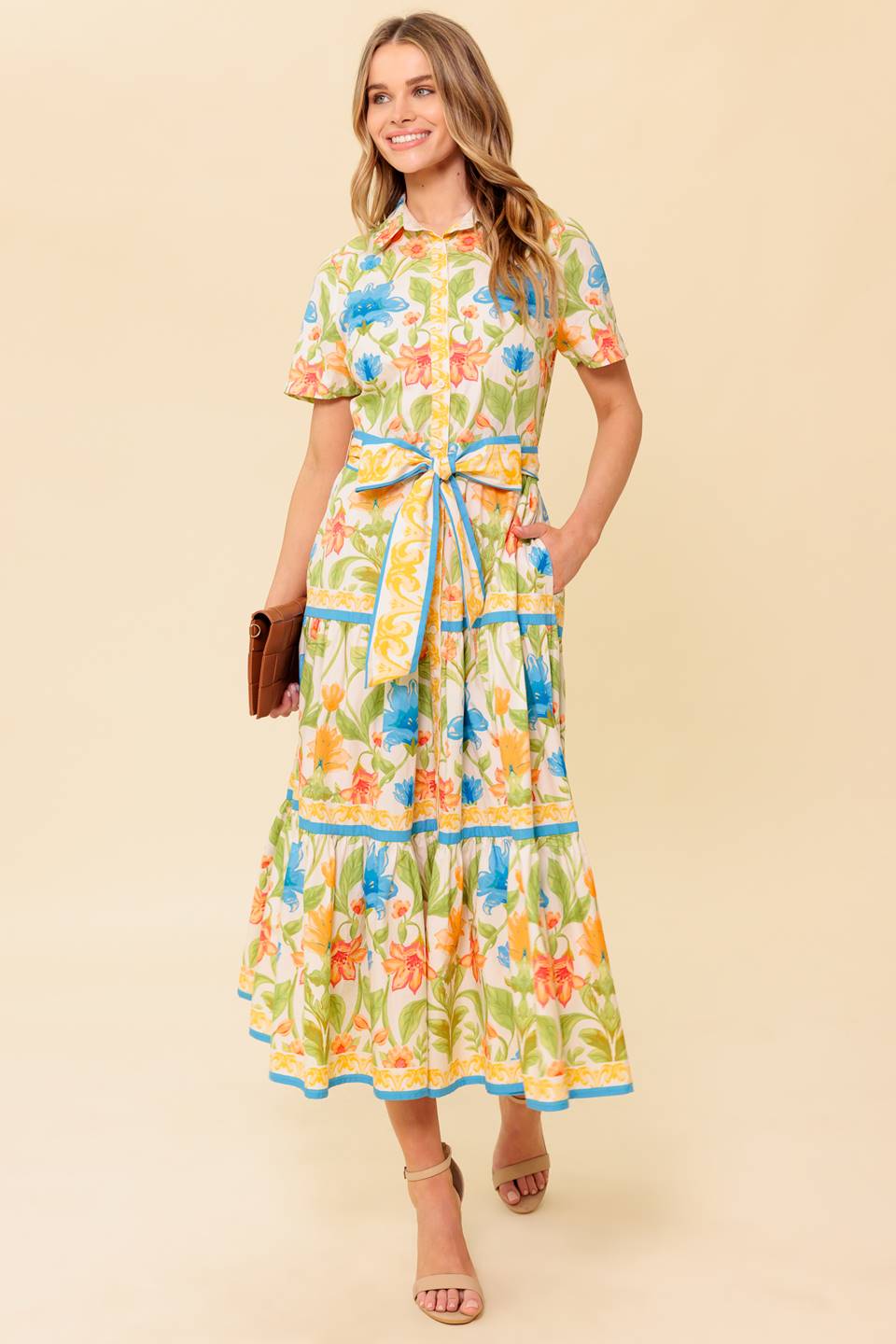 Ivory Floral Shirt Dress for Women - Elegant Casual Summer Dress for Office, Brunch & Date Night