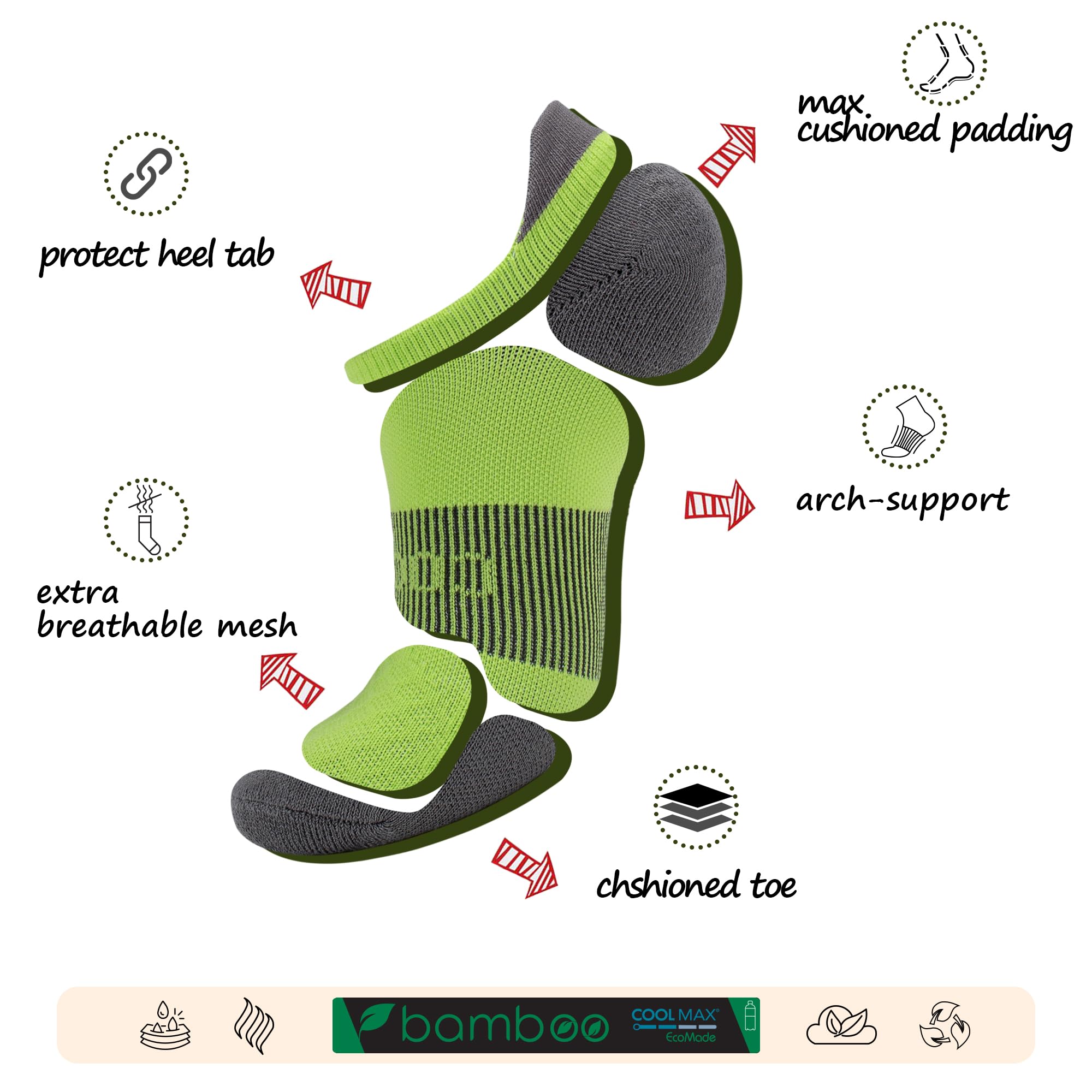 BRISIRA Coolmax Bamboo Viscose Kids No Show Socks - Breathable Compression Athletic Running Socks for Boys & Youth - Cushioned Ankle Support for Sports, School & Daily Activities