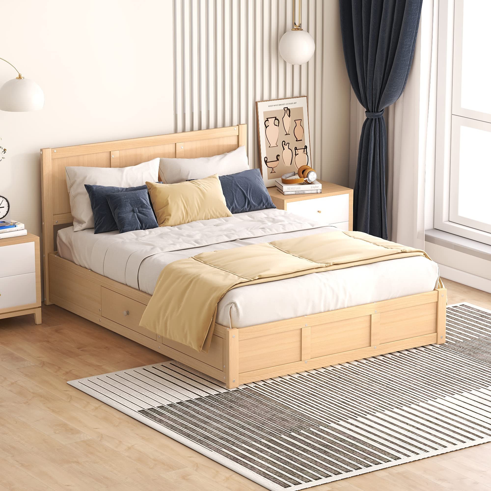 Harper & Bright Designs Full Size Storage Bed Frame with Lift-Up Platform, 2 Drawers & Headboard - Solid Wood Construction, No Box Spring Needed, Easy Assembly (Natural Finish) - Perfect for Small Bedrooms, Guest Rooms & Space-Saving Solutions