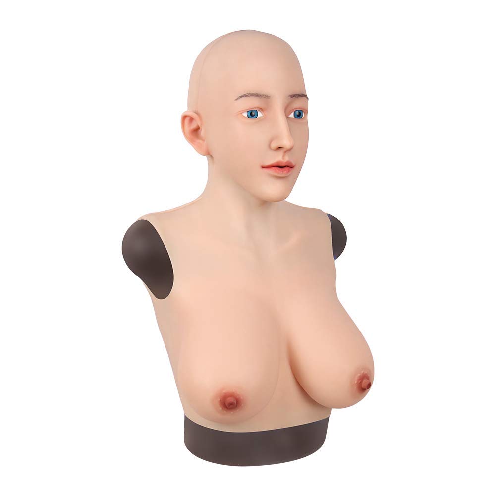 Premium Silicone Female Mask with D Cup Breast for Cosplay & Crossdressing - Light Beige Silk Cotton Headwear | Perfect for Halloween, Costume Parties & Role-Playing