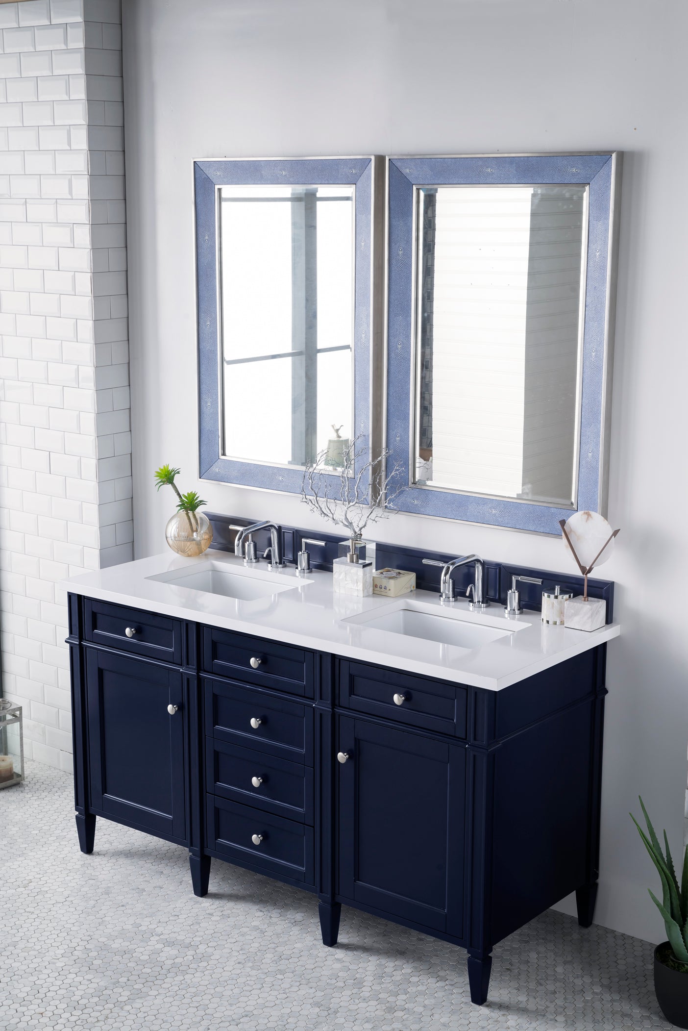 Brittany 60-Inch Victory Blue Double Bathroom Vanity with 3CM Classic White Quartz Countertop - Perfect for Master Bathroom Remodeling & Modern Home Decor
