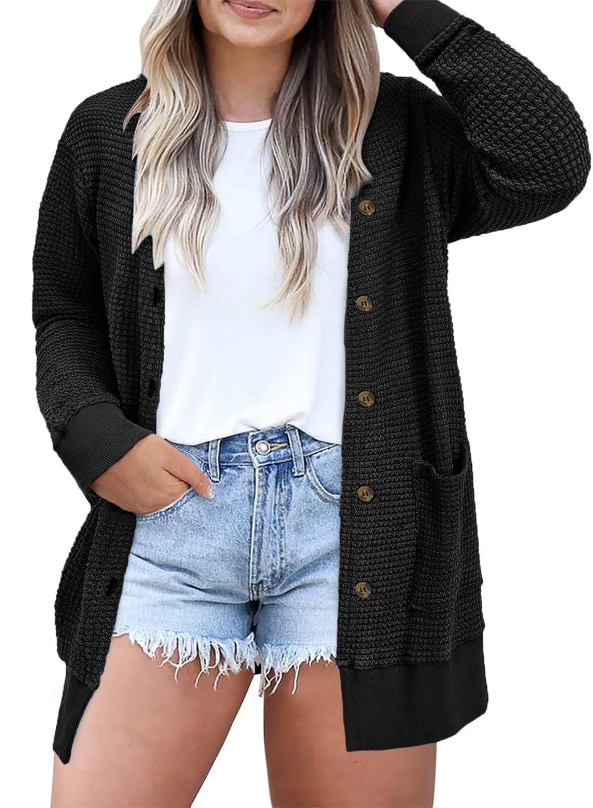 Eytino Women's Plus Size Cardigans (1X-5X) - Casual Long Sleeve Waffle Knit Button Front Open Cardigan for Work, Office & Everyday Wear