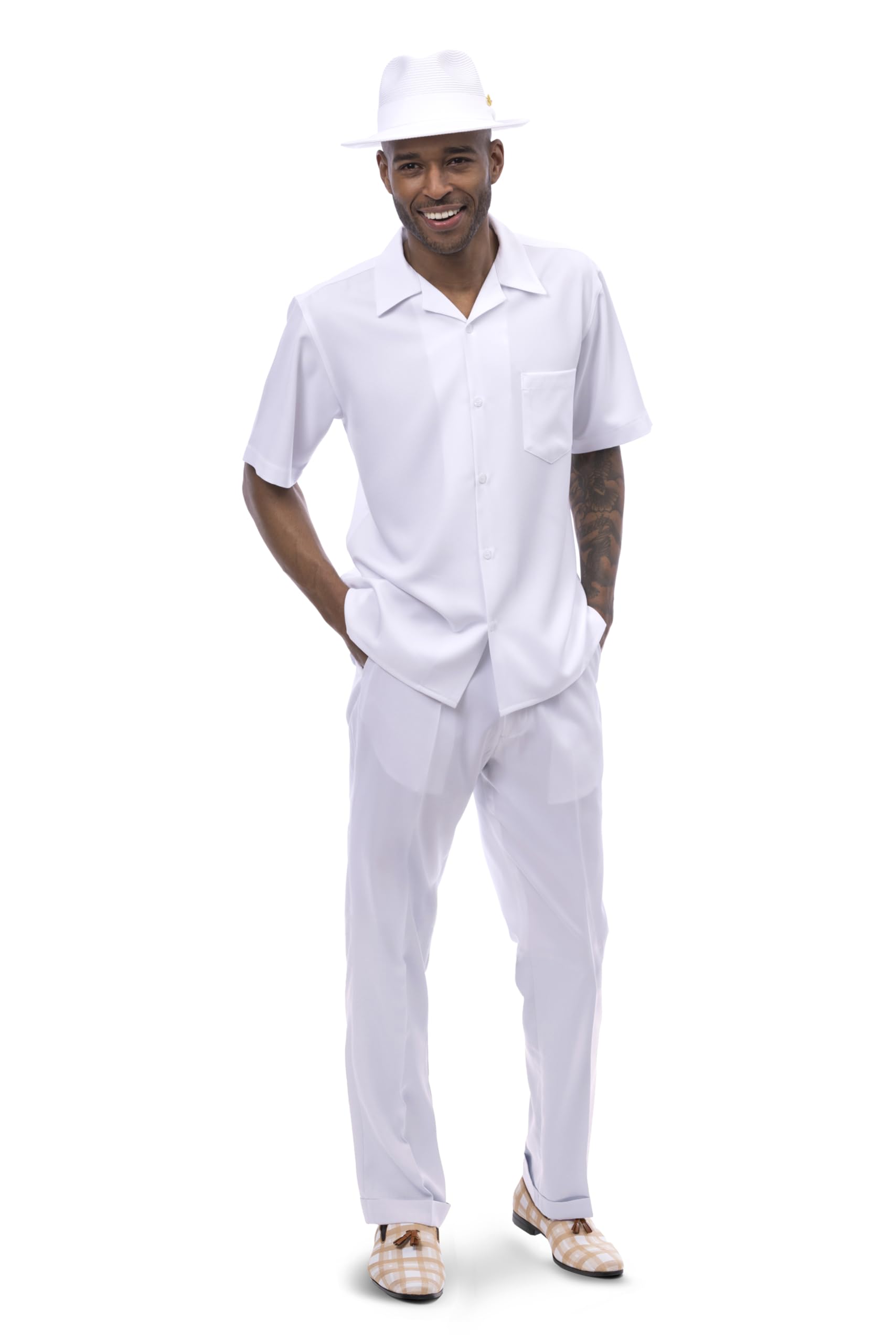 MONTIQUE Men's 2-Piece Walking Suit - Breathable Short Sleeve Shirt & Comfortable Long Pants in Solid Colors (696) - Perfect for Casual Outings, Travel & Outdoor Activities