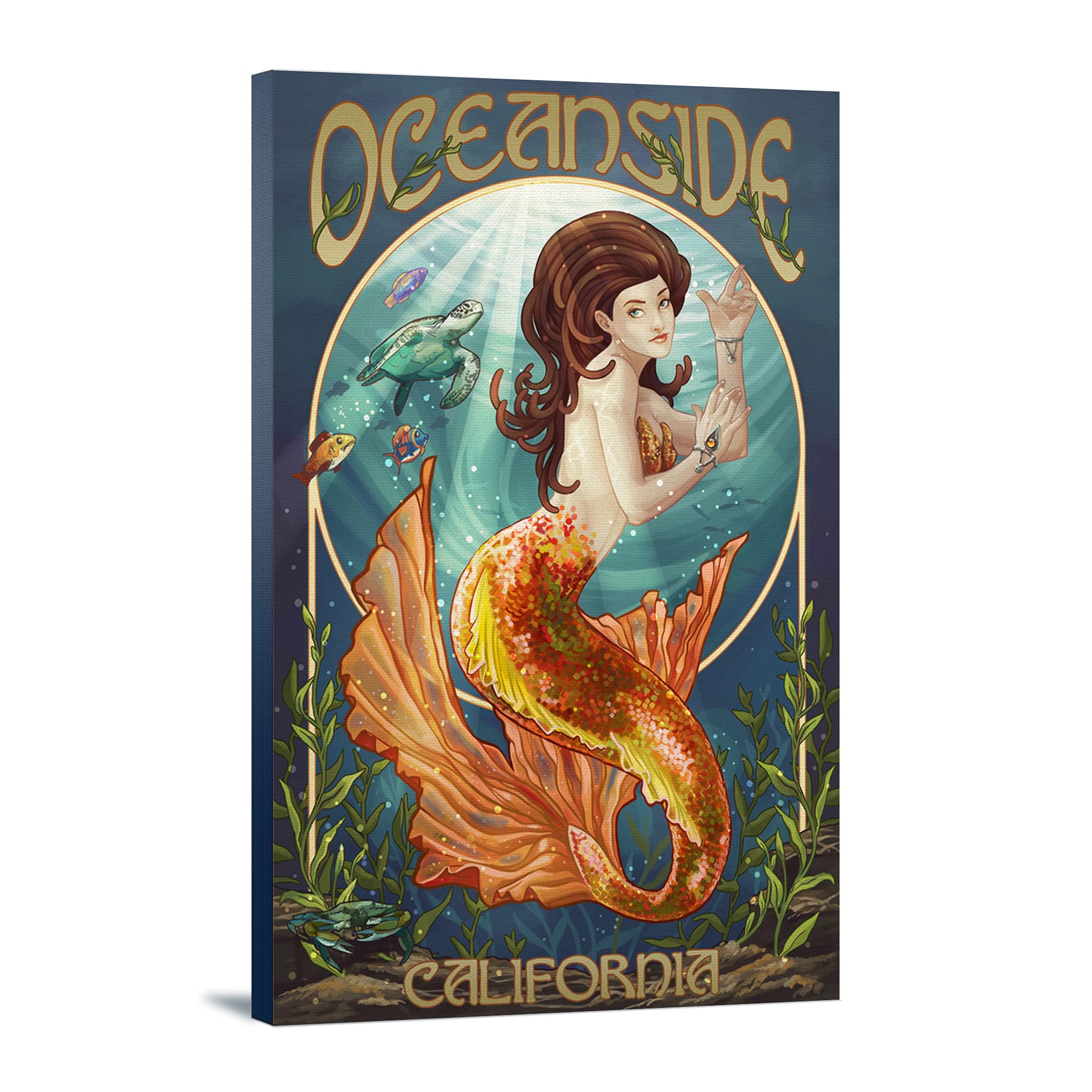 Lantern Press Oceanside California Mermaid Art - 16x24 Wrapped Canvas Wall Decor - Coastal Home Decor for Living Room, Bedroom & Beach House
