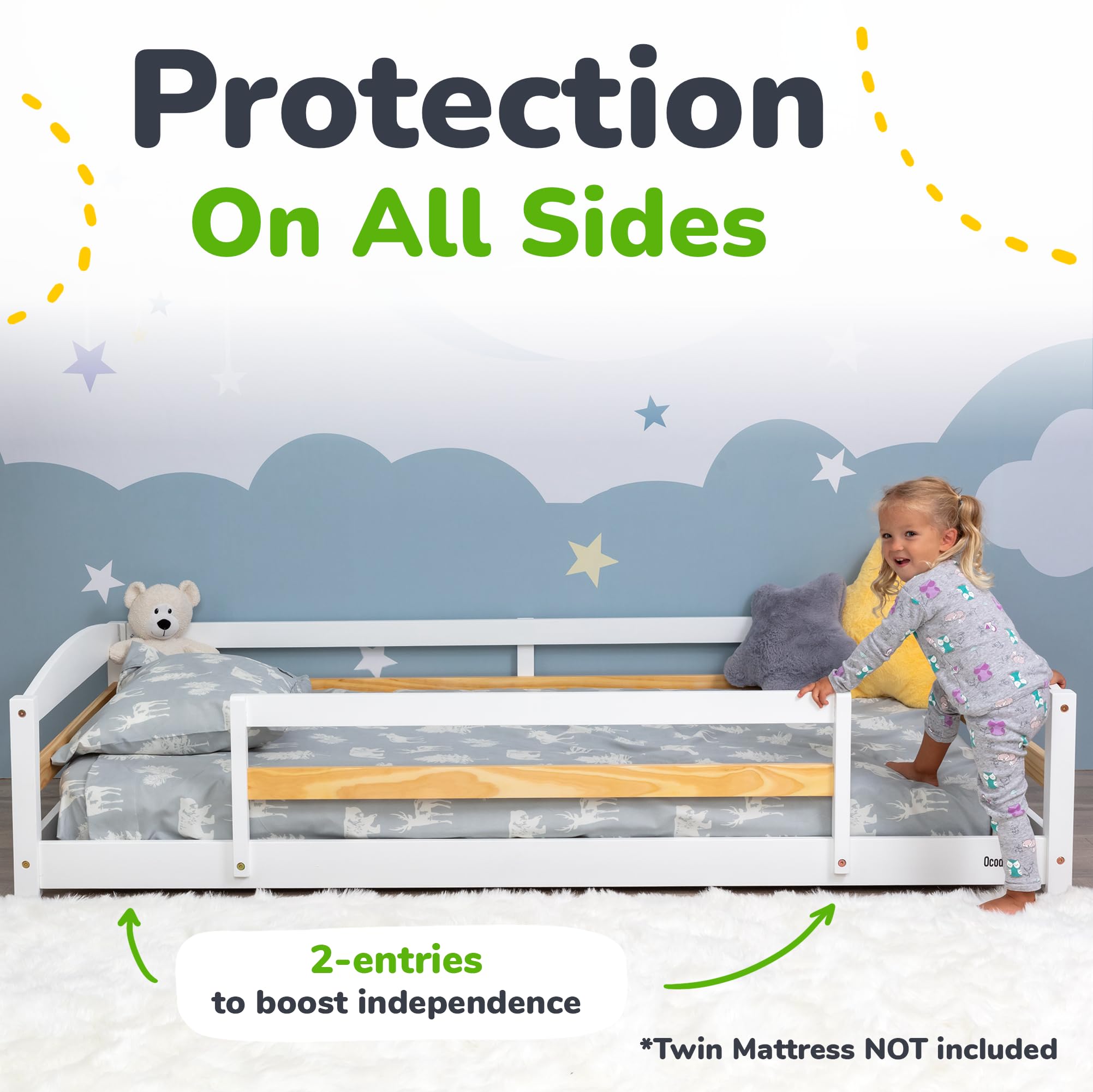 Montessori Twin Floor Bed with Safety Guardrails for Kids – Low Profile Wooden Bed Frame with 2 Openings for Boys & Girls, Easy Access & Safe Sleeping – Perfect for Toddler Rooms, Daycare & Montessori Classrooms (White)