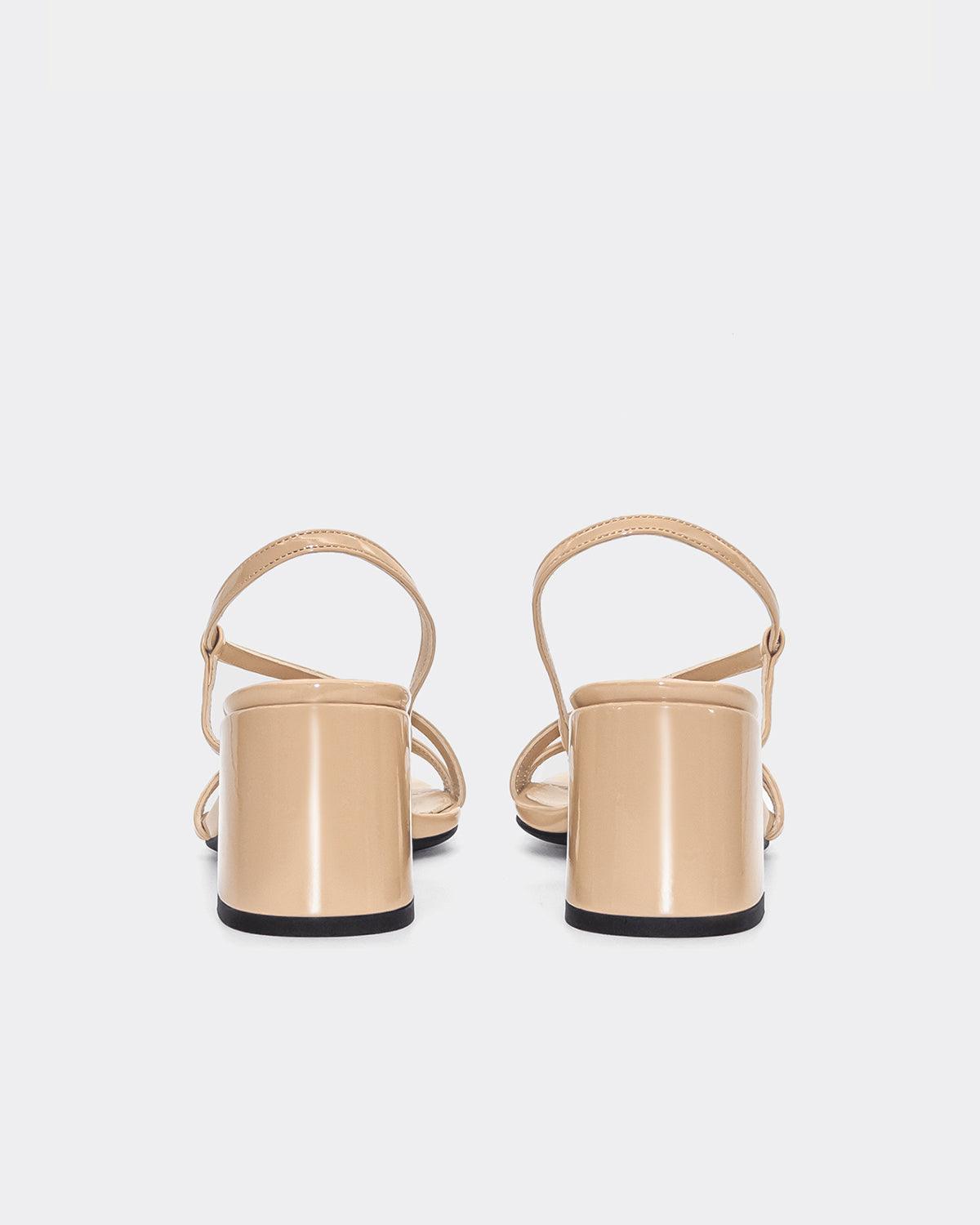 Beige Patent Leather Strap Sandals with Block Heel | Women's Comfortable Dressy Summer Shoes for Weddings, Parties & Office Wear