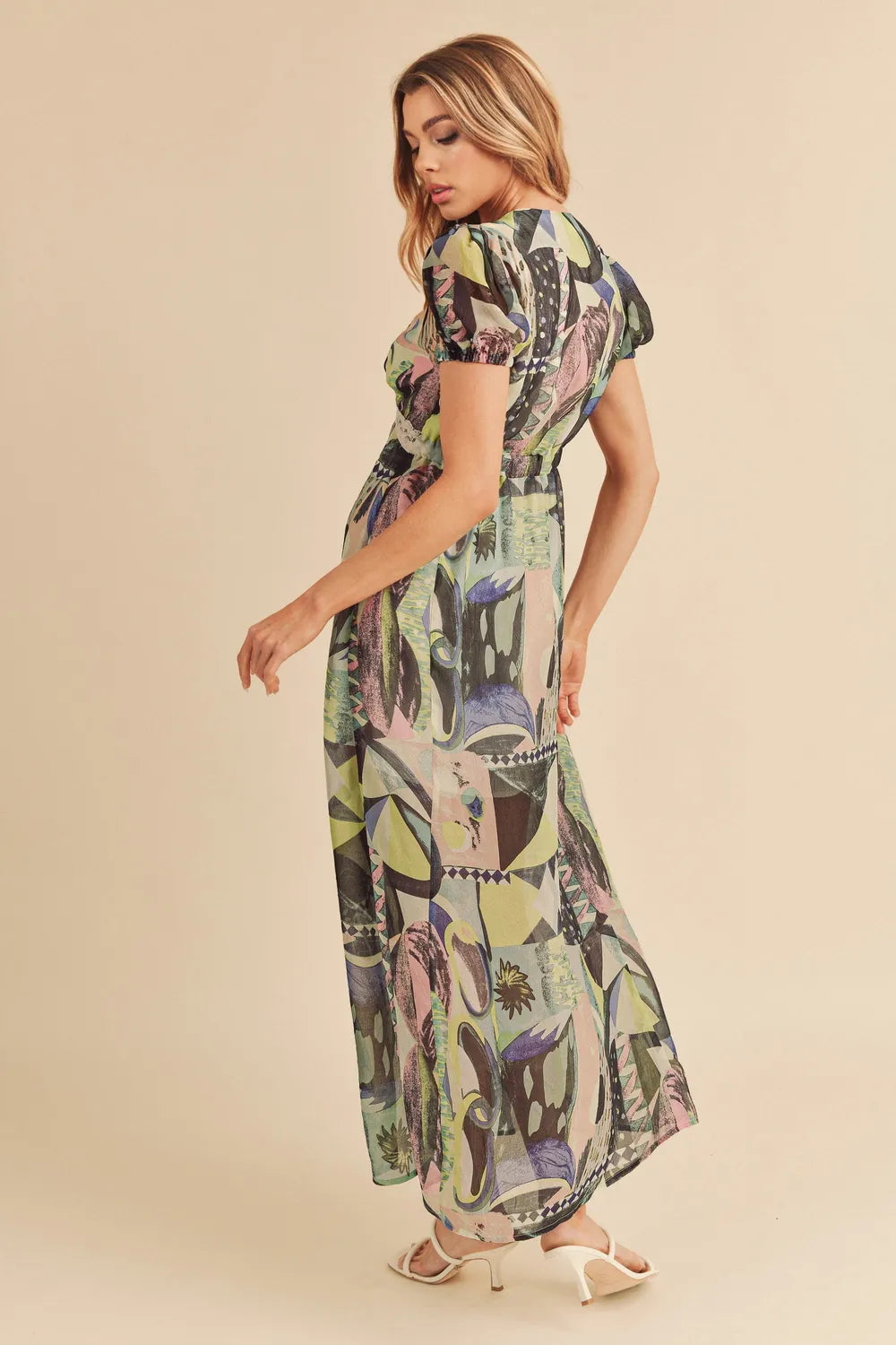 Elegant Lace Detail Slit Geometric Print Short Sleeve Resort Maxi Dress for Women - Perfect for Beach Vacations, Summer Parties & Boho Weddings