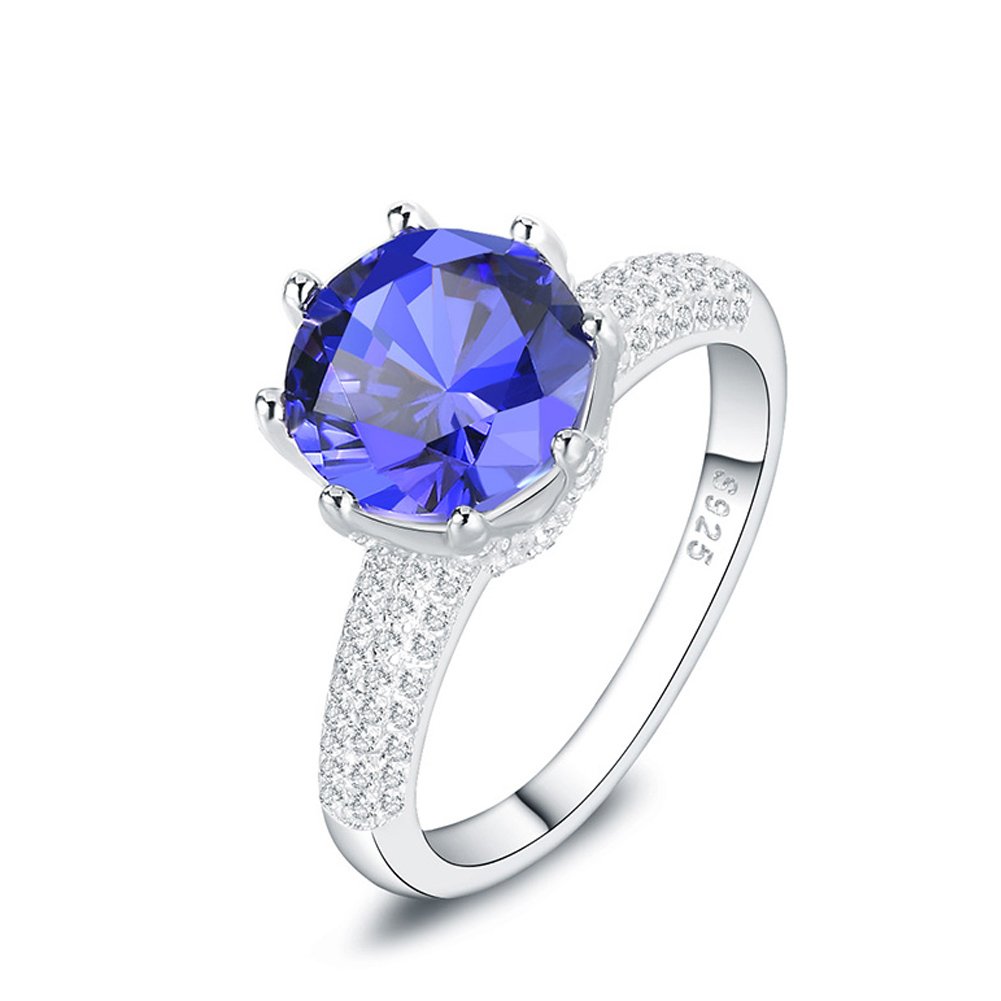 Blue Sapphire Round CZ Engagement Ring - Halo Solitaire Cubic Zirconia Ring in 925 Sterling Silver for Women - Perfect for Proposals, Anniversaries & Special Occasions