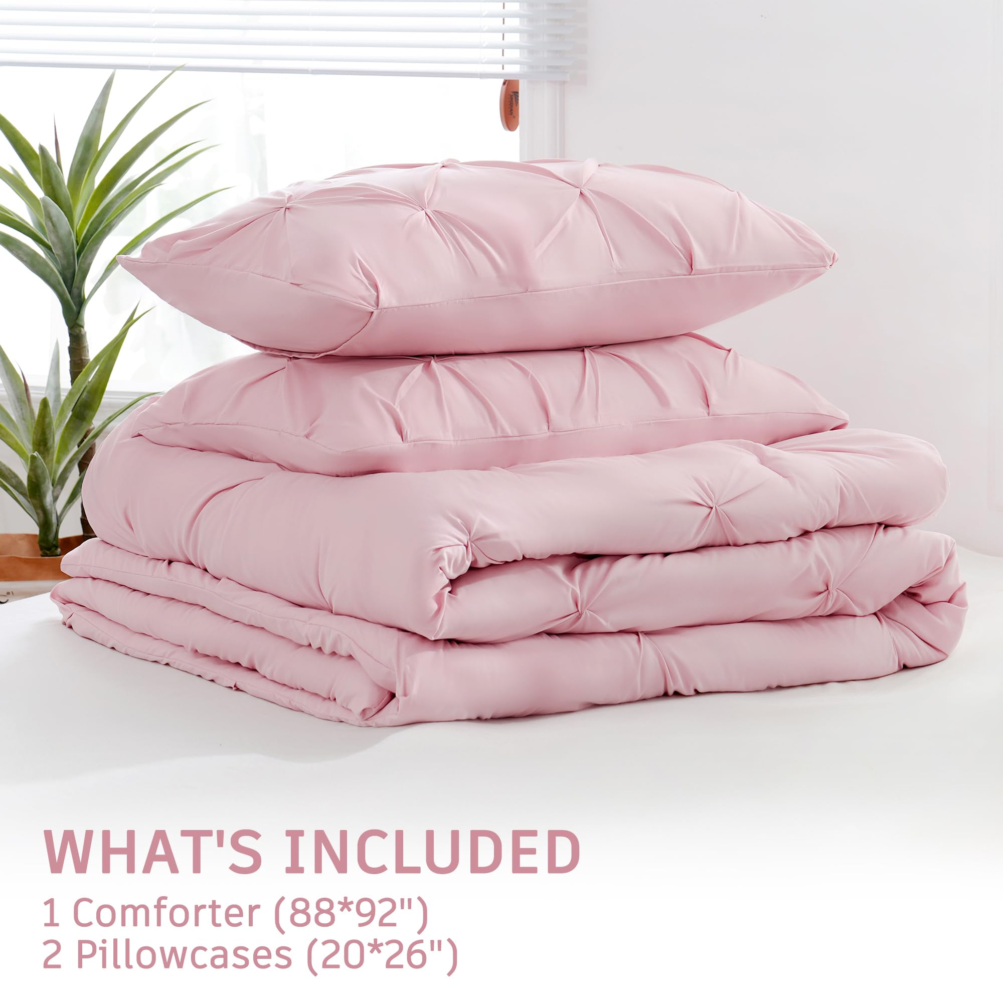 DOWNCOOL Queen Comforter Set - 3 Piece Pink Pinch Pleat Bedding Set, Soft Fluffy Pintuck Comforter with 2 Pillowcases, All Season Queen Size Bed Set for Cozy Bedroom Decor & Guest Room Styling