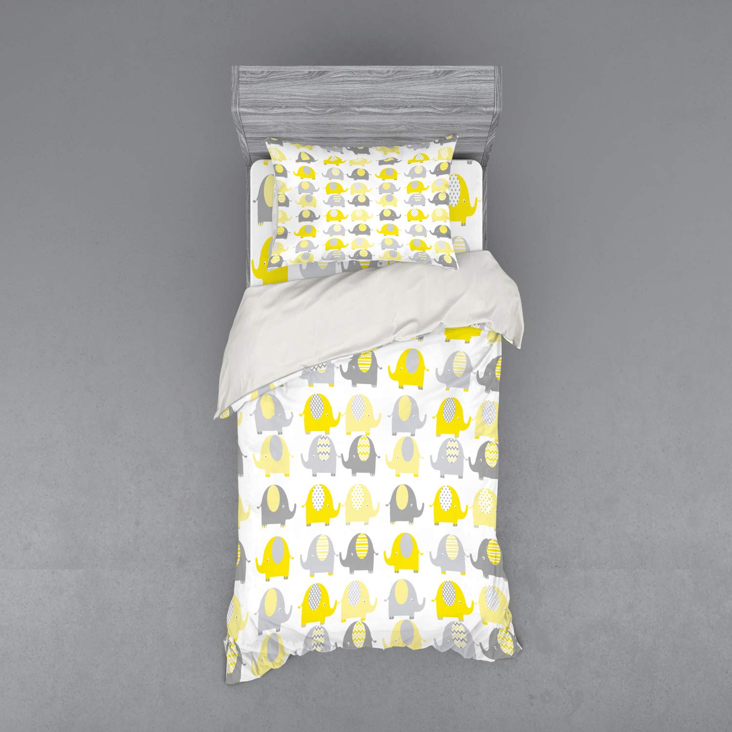 Ambesonne Cartoon Animal Bedding Set - 3 Piece Duvet Cover with Sham & Fitted Sheet, Twin Size, Yellow & Grey Fauna Pattern - Perfect for Kids' Rooms, Dorm Decor & Unique Gift Ideas