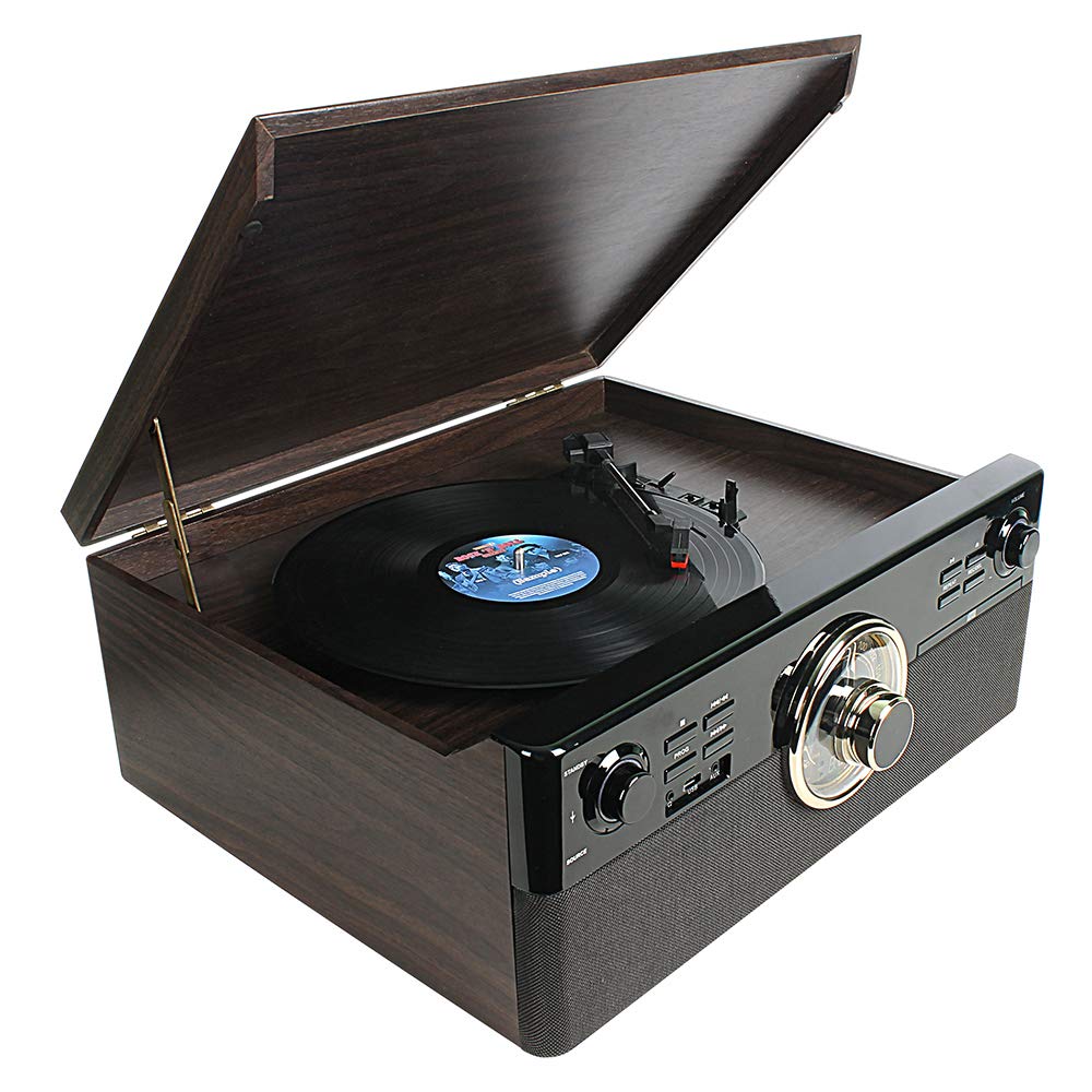 All-in-One Vintage Bluetooth Record Player with Built-in Speakers - 3-Speed Turntable for Vinyl, Cassette, CD, AM/FM Radio | USB Playback & Encoding | AUX Input, Line Out, Headphone Jack | Wooden Retro Design with LED Display - Perfect for Home Entertainment, Office Decor & Gift Giving
