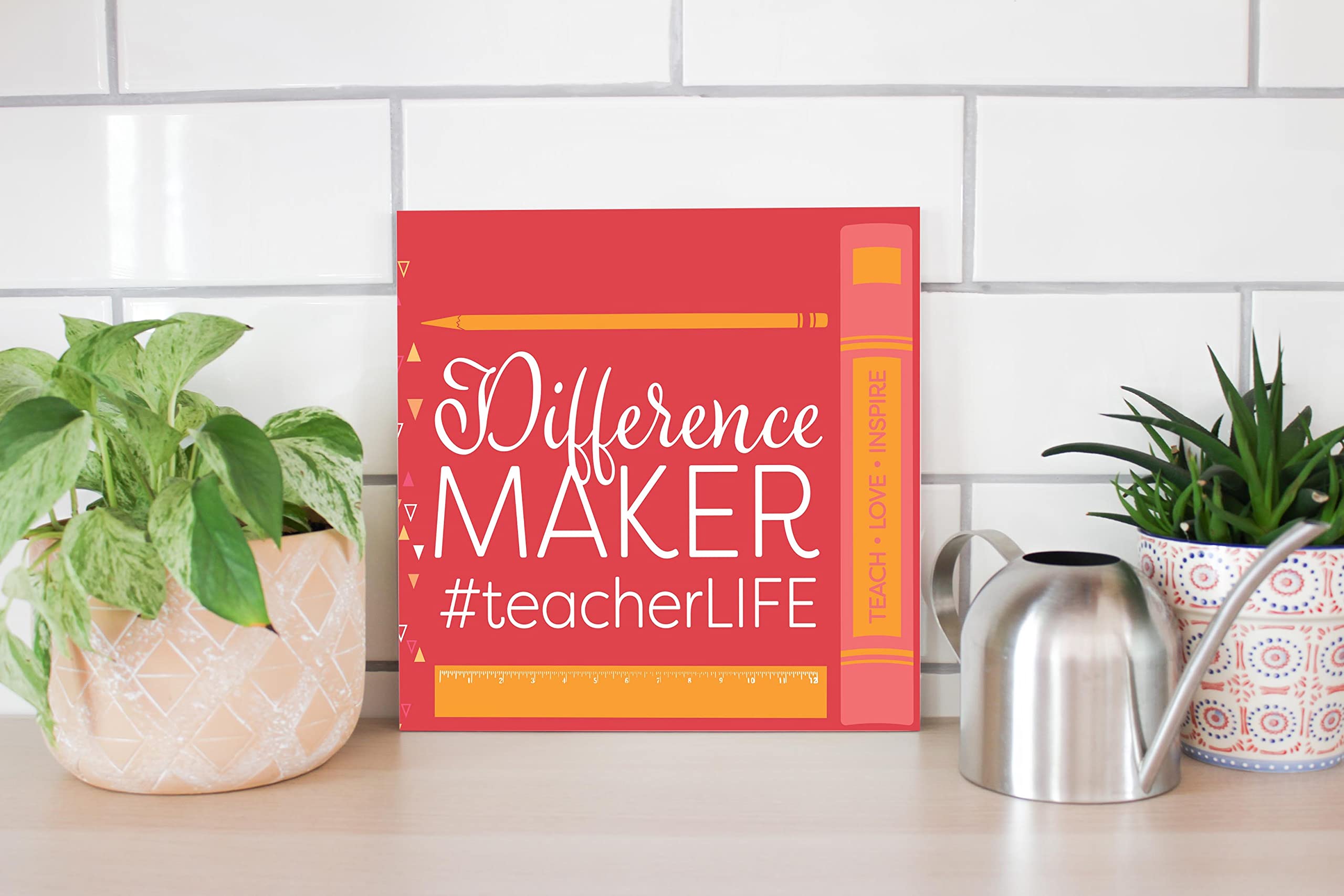 Elanze Designs Difference Maker Teacher Red Pencil Ruler 12x12 Wood Wall Sign Plaque - Perfect for Classroom Decor, Teacher Appreciation Gifts & School Office Wall Art